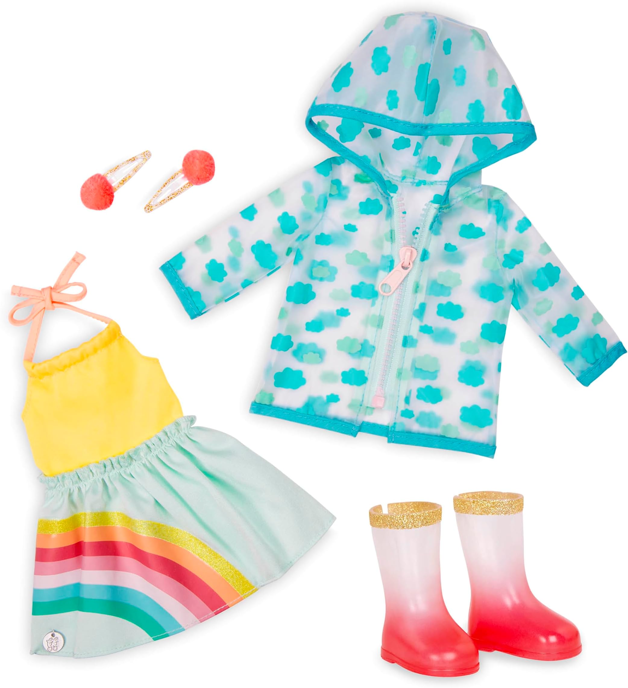 Glitter Girls – 14-Inch Doll Clothes – Smile! Rain Or Shine Outfit – Rainbow Dress, Hair Clips, Raincoat, and Rain Boots – Toys, and Accessories for 3+ Years