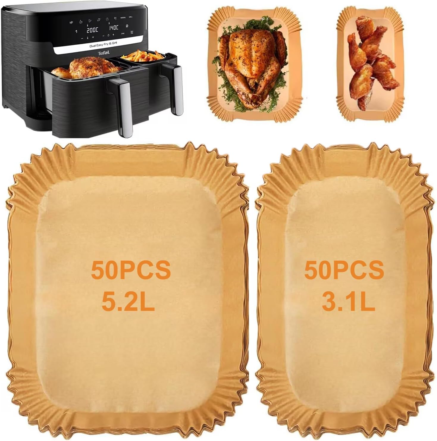 100PCS Air Fryer Liners for Tefal Easy Fry 5.2L/3.1L, Tower 5.2L/3.3L, Lakeland 5L/3L, Philips 3000 Series, Netta/Salter 5L/3.5L, Disposable Paper Liners Air Fryer Paper Accessories for Dual Drawer