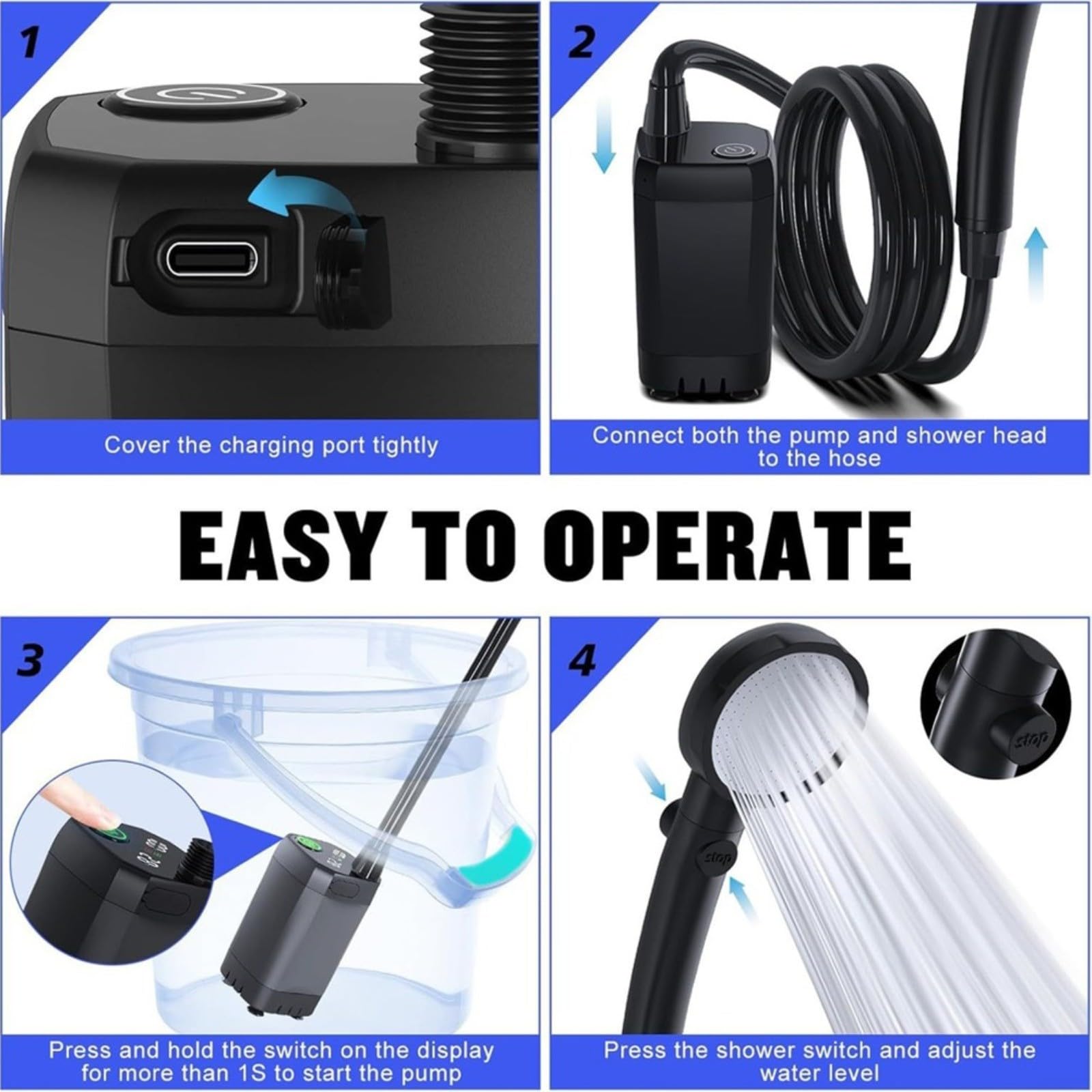 Doccia da campeggio portatile, 6000 mAh, ricaricabile tramite USB, per esterni, con display a LED, modalità regolabili, testa filtrante, per escursionismo e spiaggia (grigio)