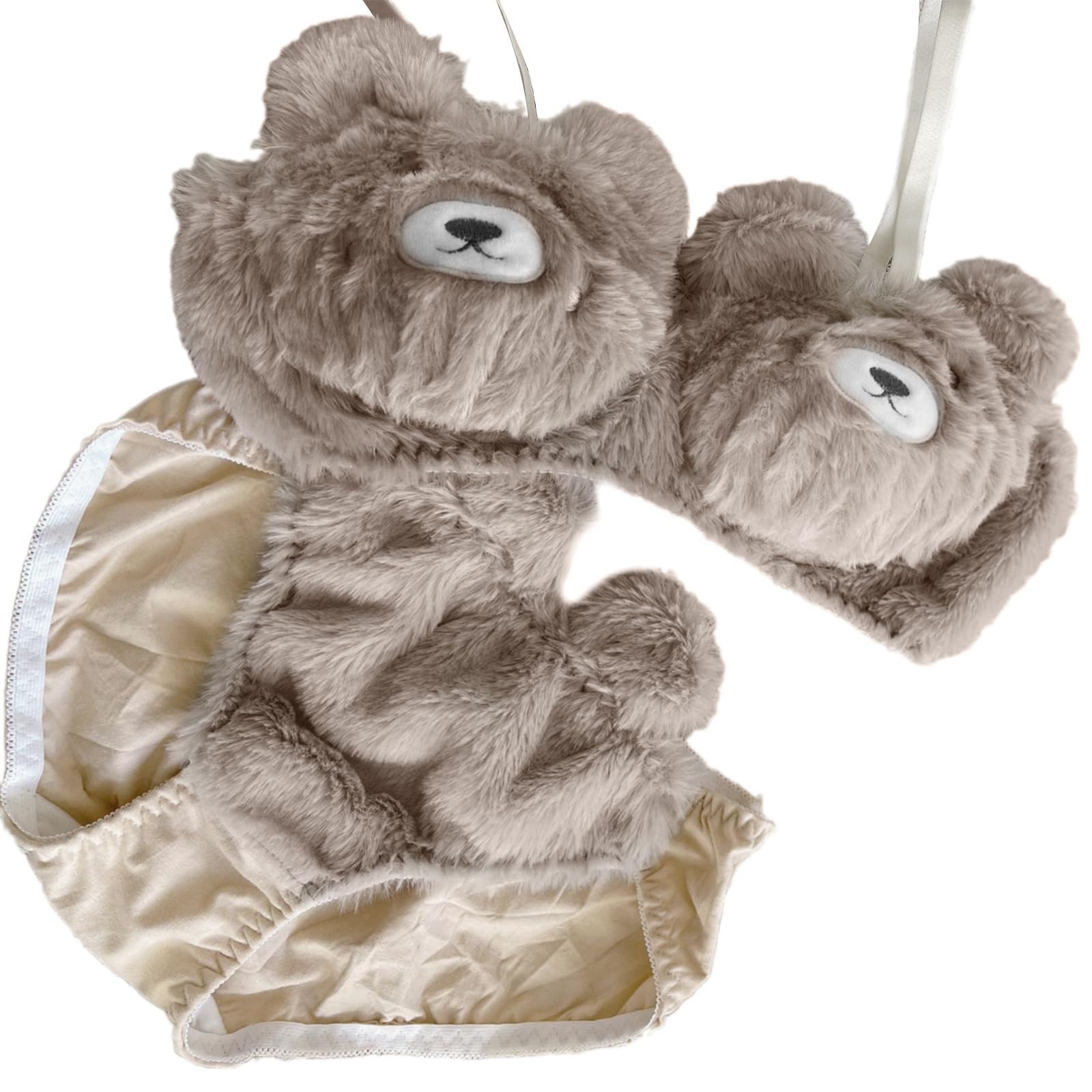Maxtonser Womens Sweet Bear 2Pcs Plush Bra and Panty Set Furry Wireless Adjustable Strap Bralette Underwear Cosplay Anime Lingerie