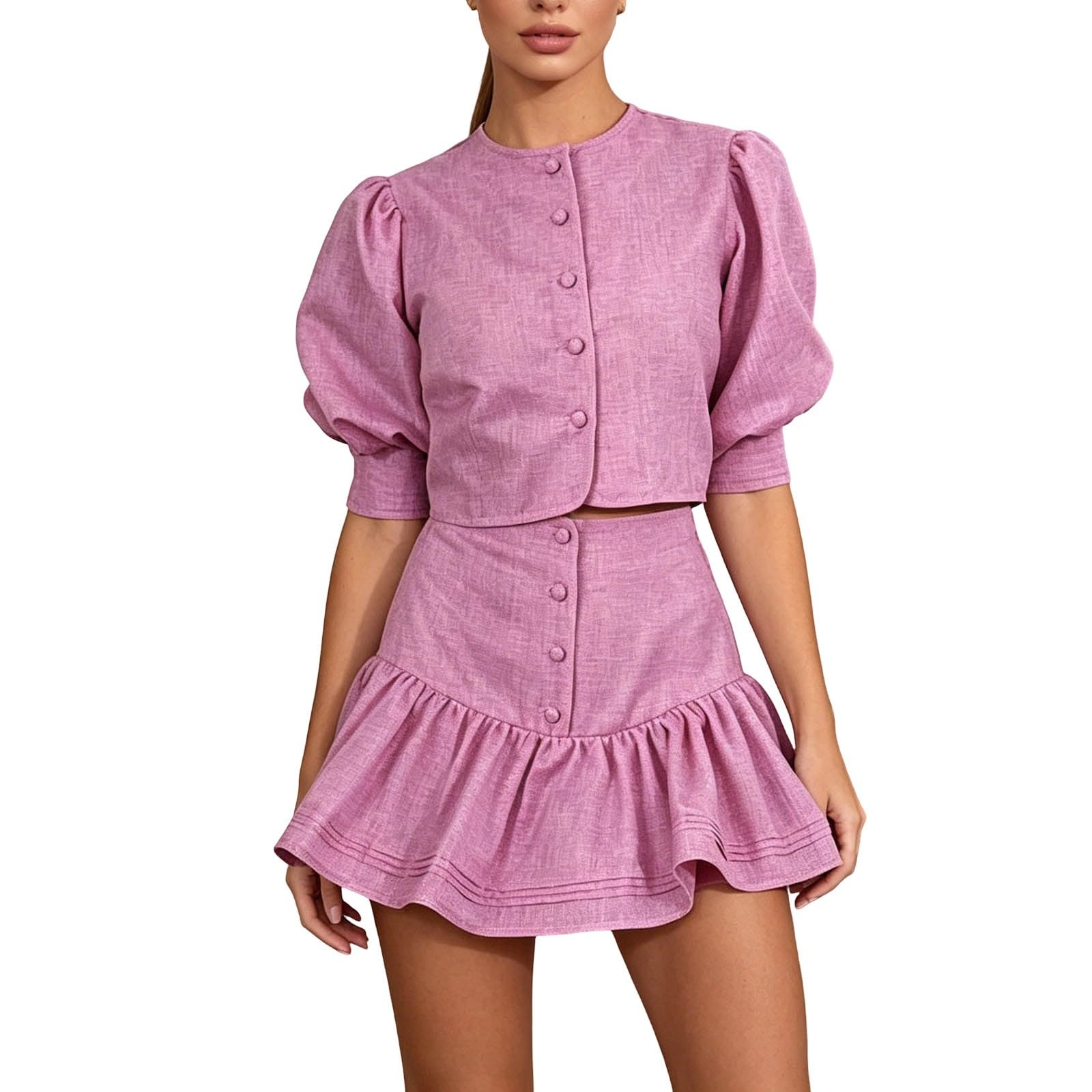 Generisch Completo da donna in due pezzi con giacca corta e gonna a pieghe, motivo floreale celeste, maniche a sbuffo, vestibilità aderente per occasioni eleganti