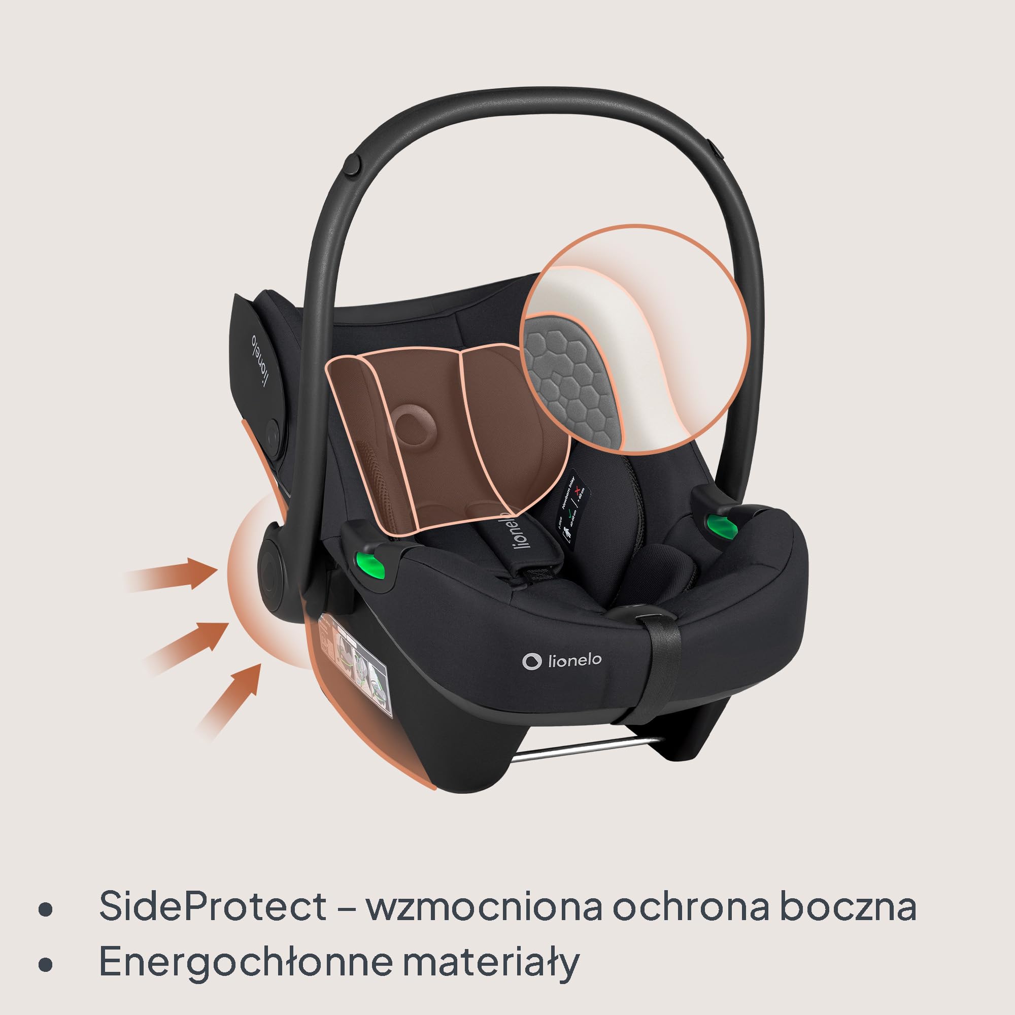 Lionelo Astrid i-Size zestaw fotelika samochodowego 40-87 cm z podstawą ISOFIX i podpórką, R129 i-Size nosidełko dla niemowląt 0+, ADAC 5 Safety, skierowany tyłem do kierunku jazdy, kompatybilny z