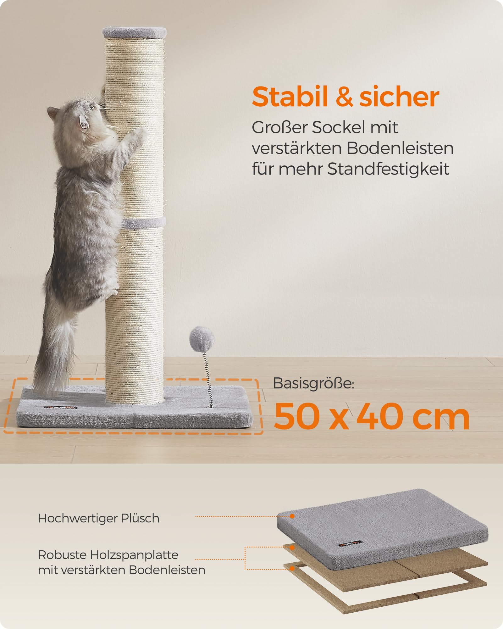 Feandrea Kratzbaum, 85 cm hoch, Kratzsäule XL, 13 cm Dicker Stamm, Katzenbaum, Kratzstamm für mittelgroße und große Katzen, Sisalstamm, mit Plüschball und Glocke, Taubengrau PCA041G01