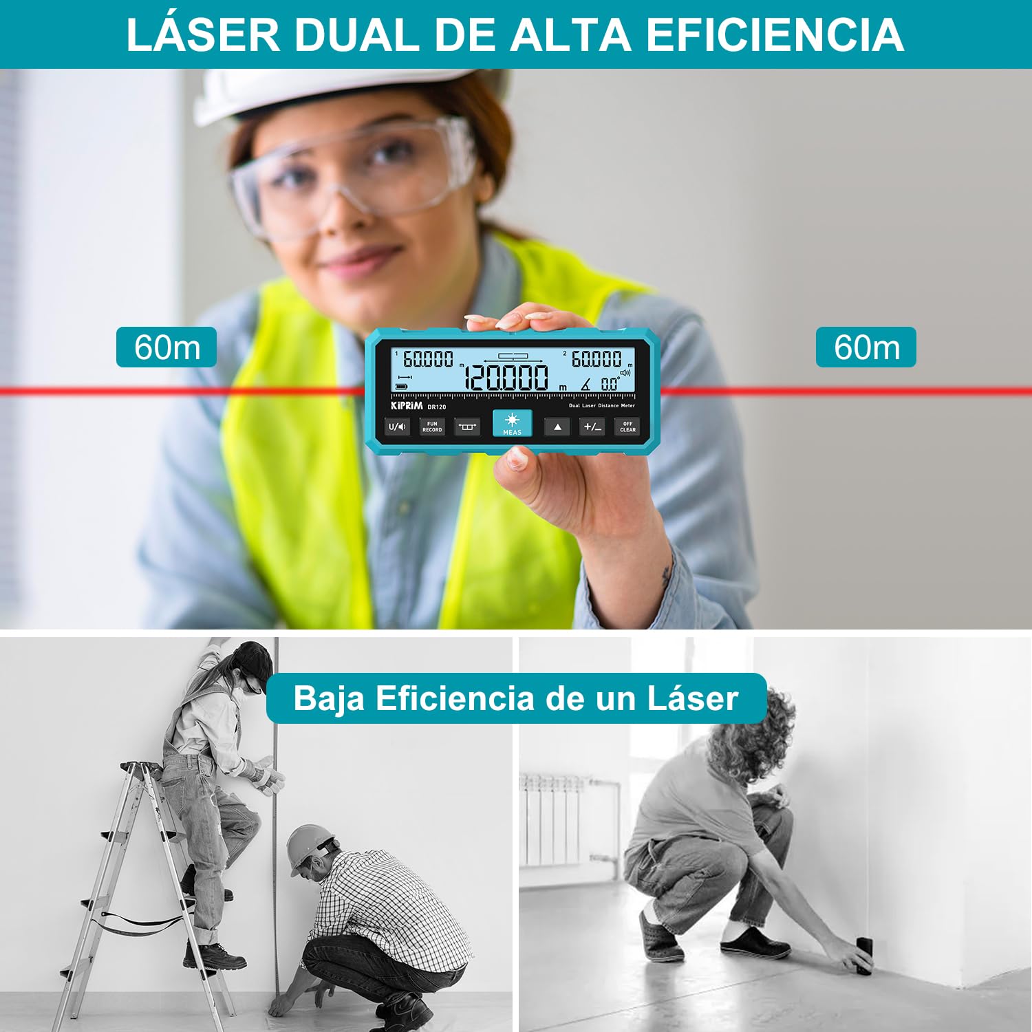 KIPRIM Metro Laser 120m, Telémetro Láser con Doble Haz Bidireccional, Línea Láser Vertical y Nivel Electrónico, Medición en Metros/Pies/Pulgadas, USB-C - DR120