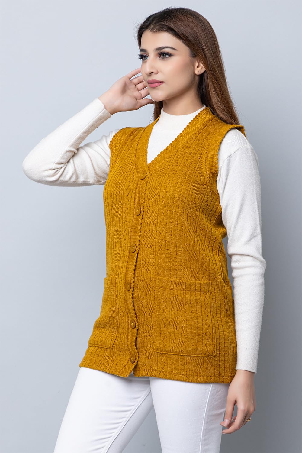 HIFZAA Wool Sleeveless Sweater For Women With Pockets Cardigan Winter Wear Sweaters For Ladies Plus Size Gold-5XL - Image 2 thumbnail