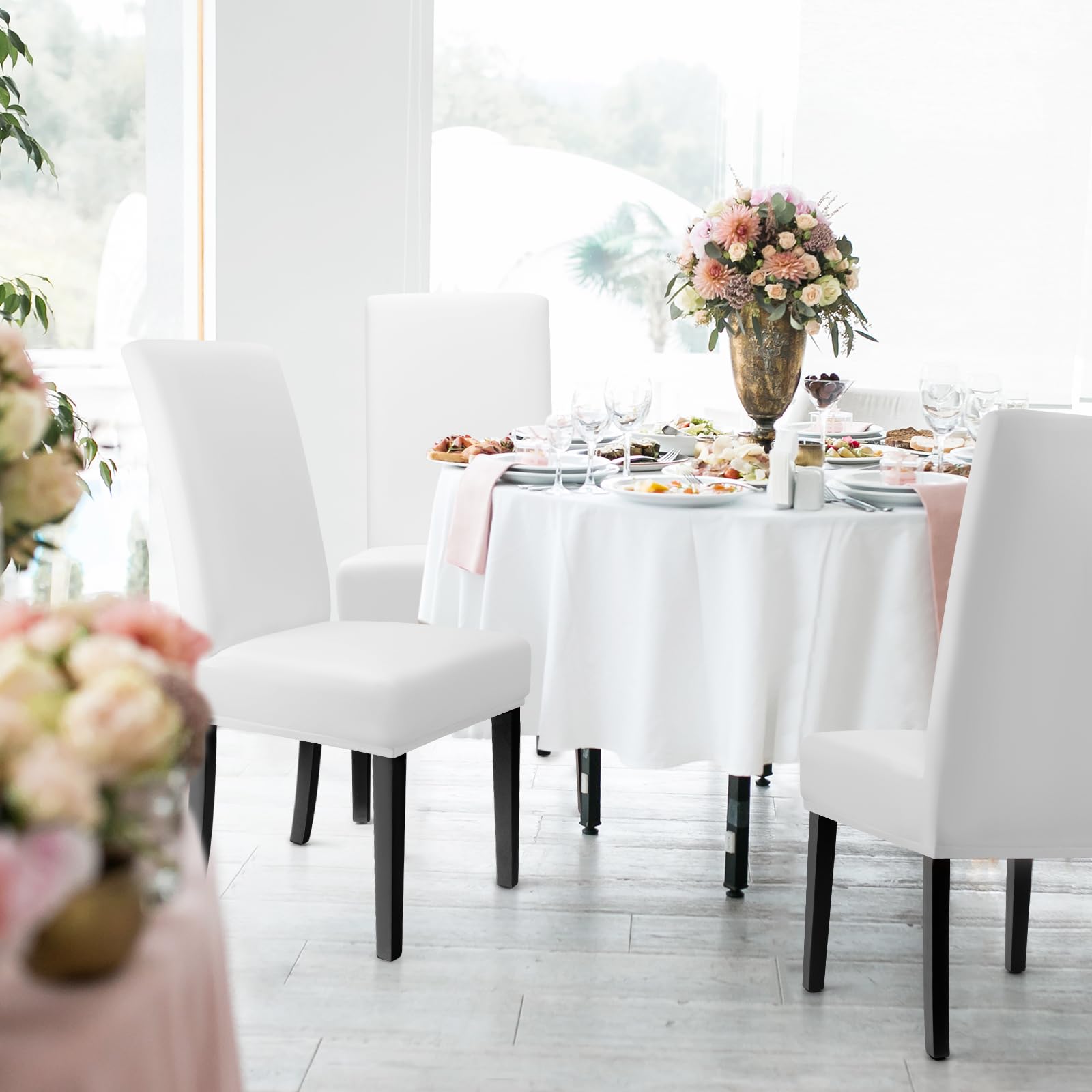 Housse de Chaise Universelle 4PCS Protection de Chaise Extensible Moderne Blanc pour Salle à Manger