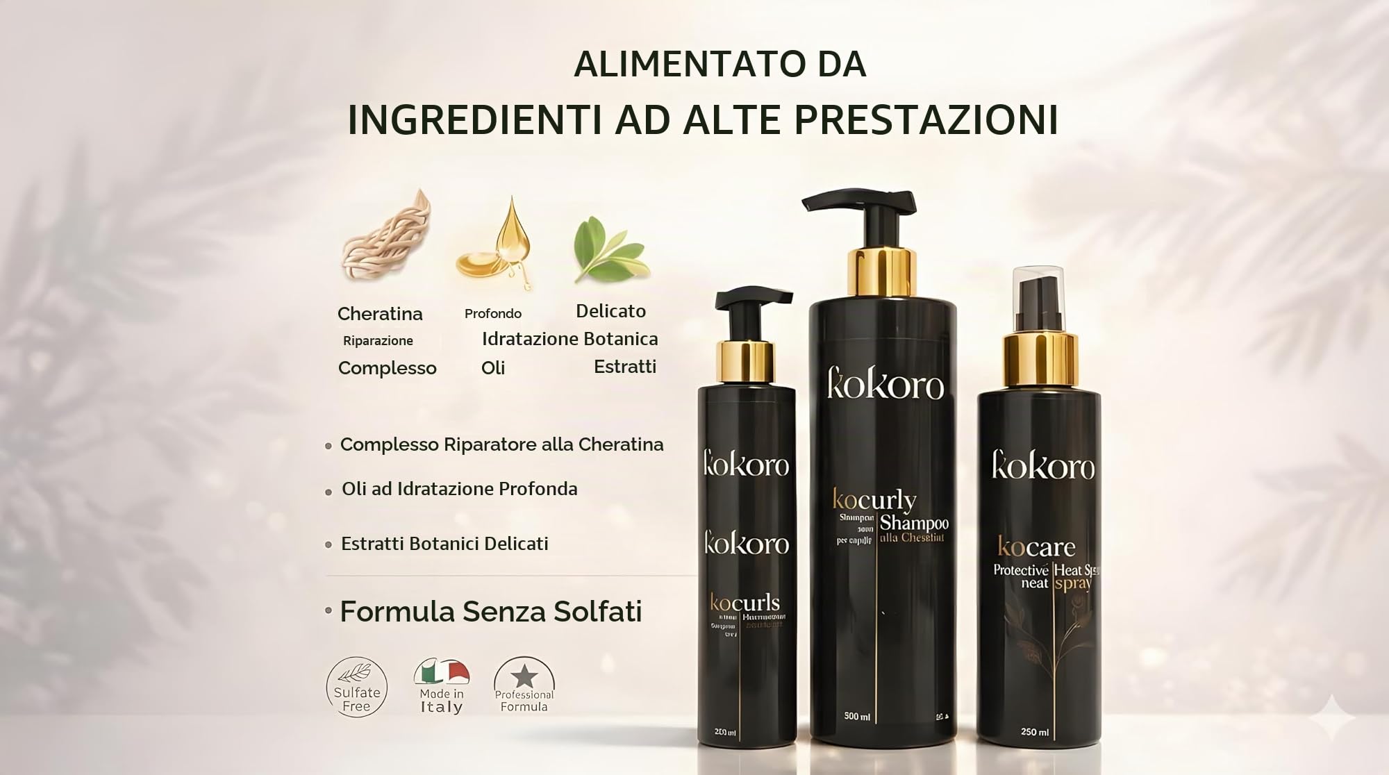 KOKORO Kit Ricci Protetti – Shampoo Anticrespo 500ml + Trattamento Cheratina 250 ml + Termoprotettore 250 ml – Routine Completa Capelli Ricci, Anti Crespo, Protezione Calore, Definizione Professionale