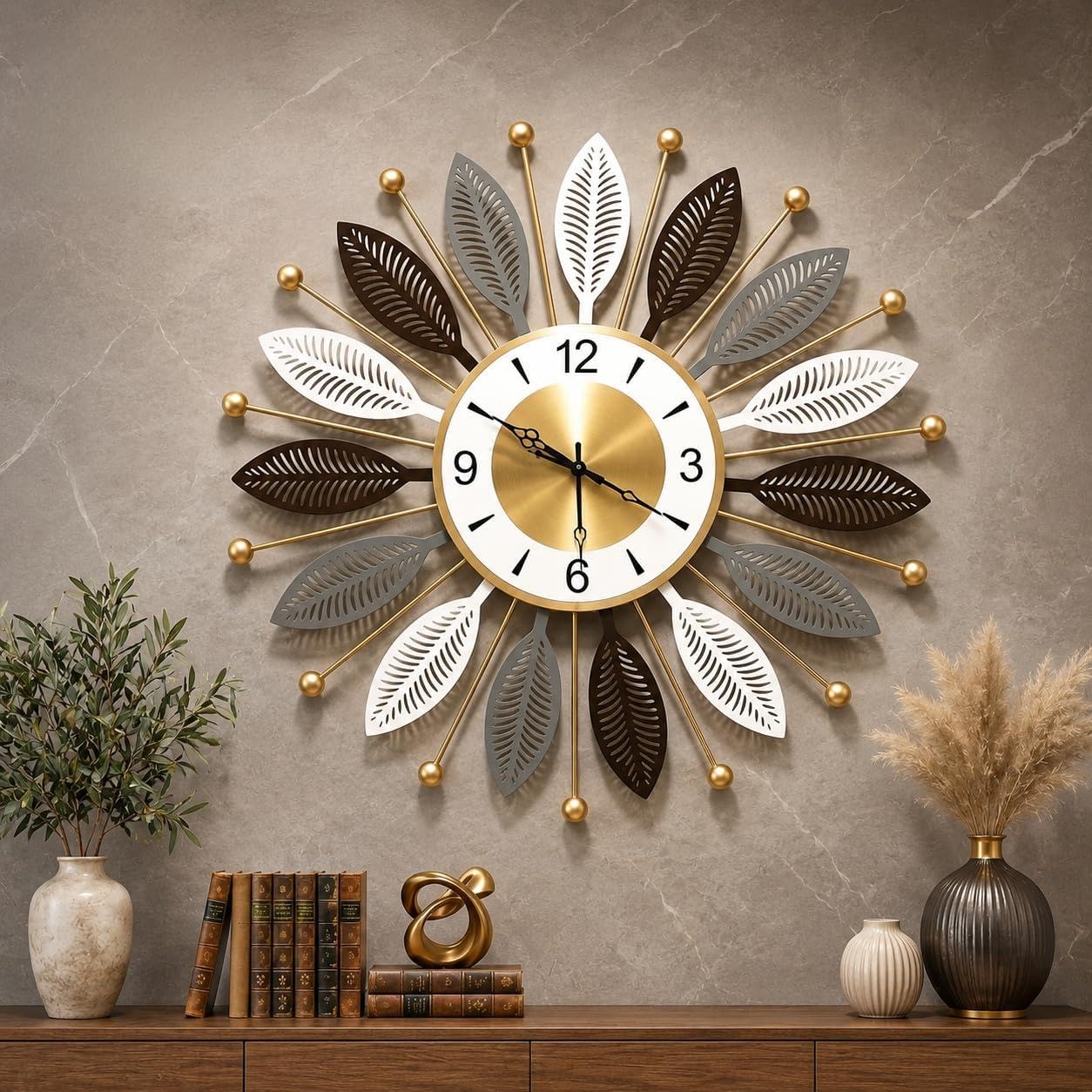 Large Metal Decorative Wall Clock for Living Room | Luxury Sunburst Leaf Design Wall Clock | Multicolor Vintage Finish | Silent Quartz Movement | Home, Bedroom & Office Wall Décor (55X55)-picture-13