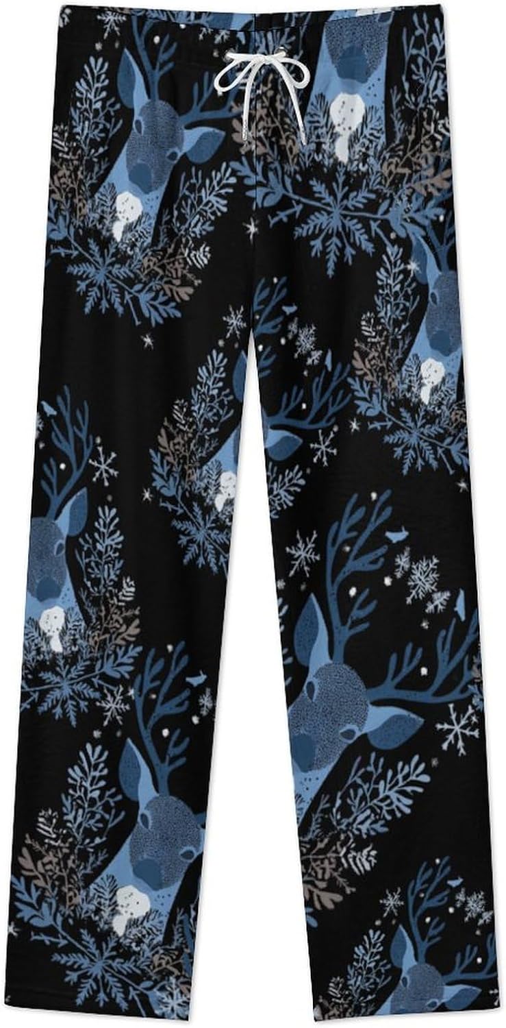 Blue Snowflake Deer Women's Pajama Pants Flannel Lounge Bottoms with Pockets Comfy Wide Leg Sleep Pant