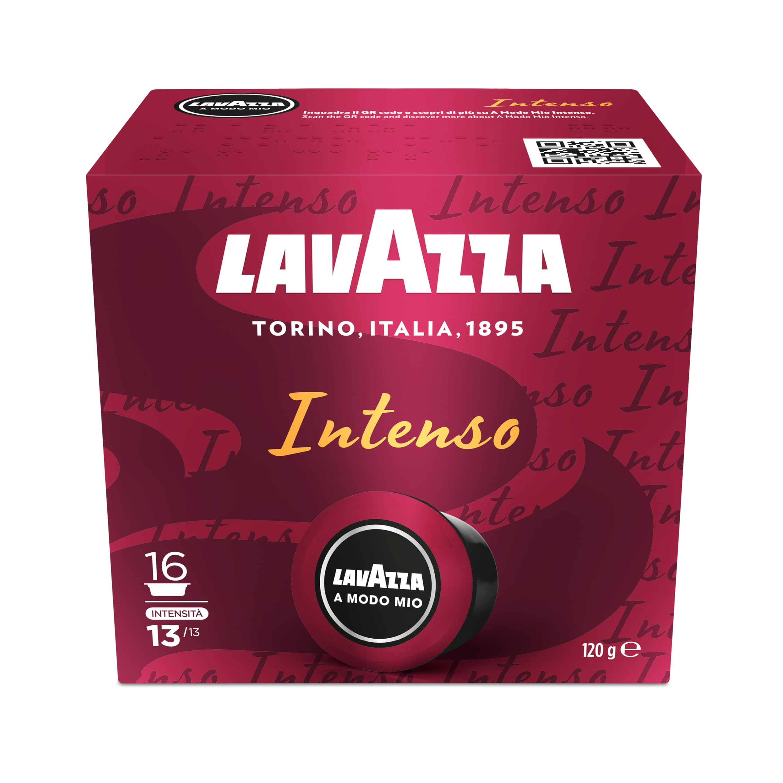 Lavazza A Modo Mio Espresso Intenso, 128 cápsulas de café, para un espresso con notas de cacao y especias, arábica y robusta, intensidad 13/13, tostado medio, 8 paquetes x 16 cápsulas [Amazon