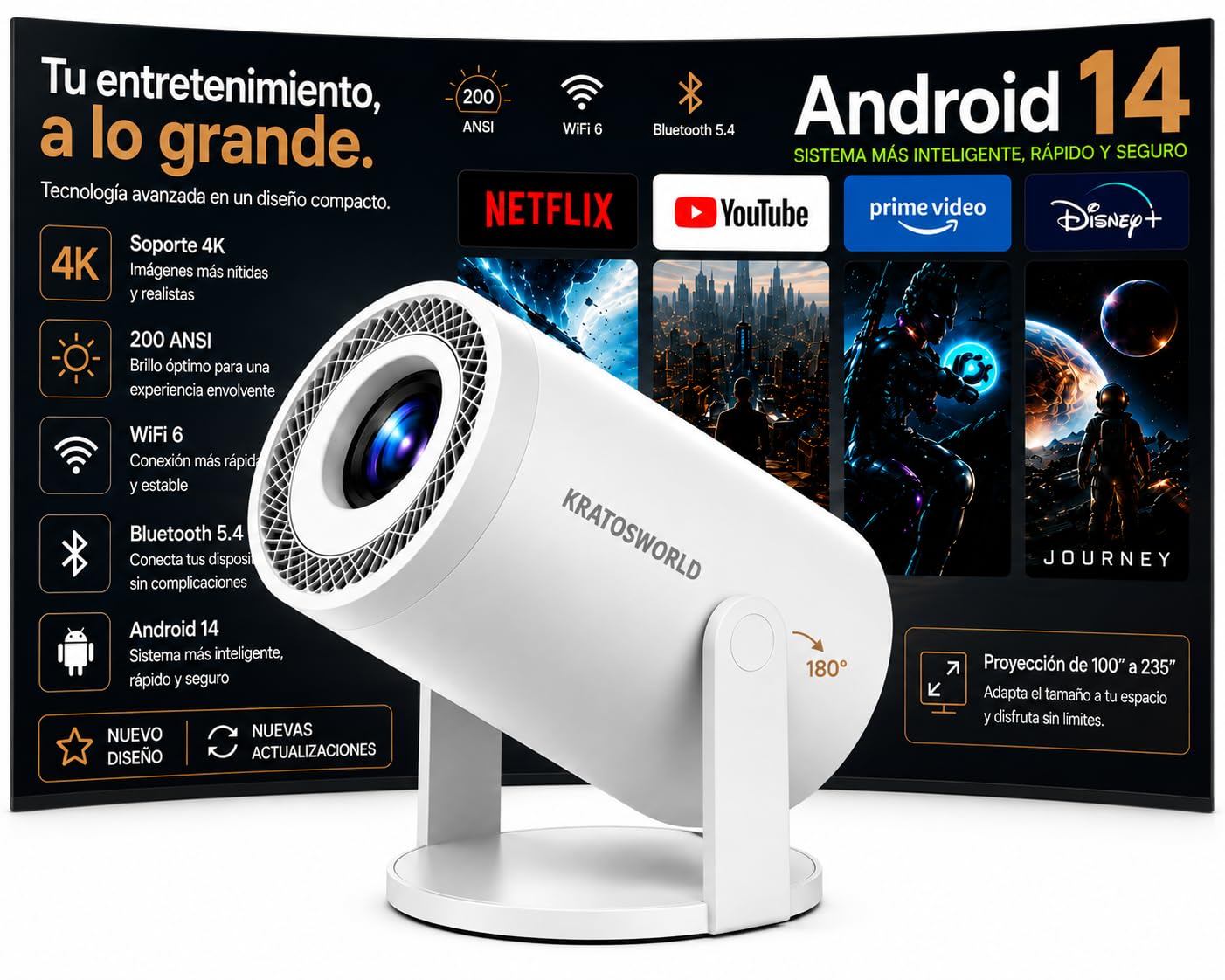 Mini Proyector Portátil Android 14 con Apps Integradas, Soporte 4K, Auto Keystone, Rotación 180°, WiFi y Bluetooth, Duplicación de Pantalla, Compatible con iOS, Android, HDMI y USB