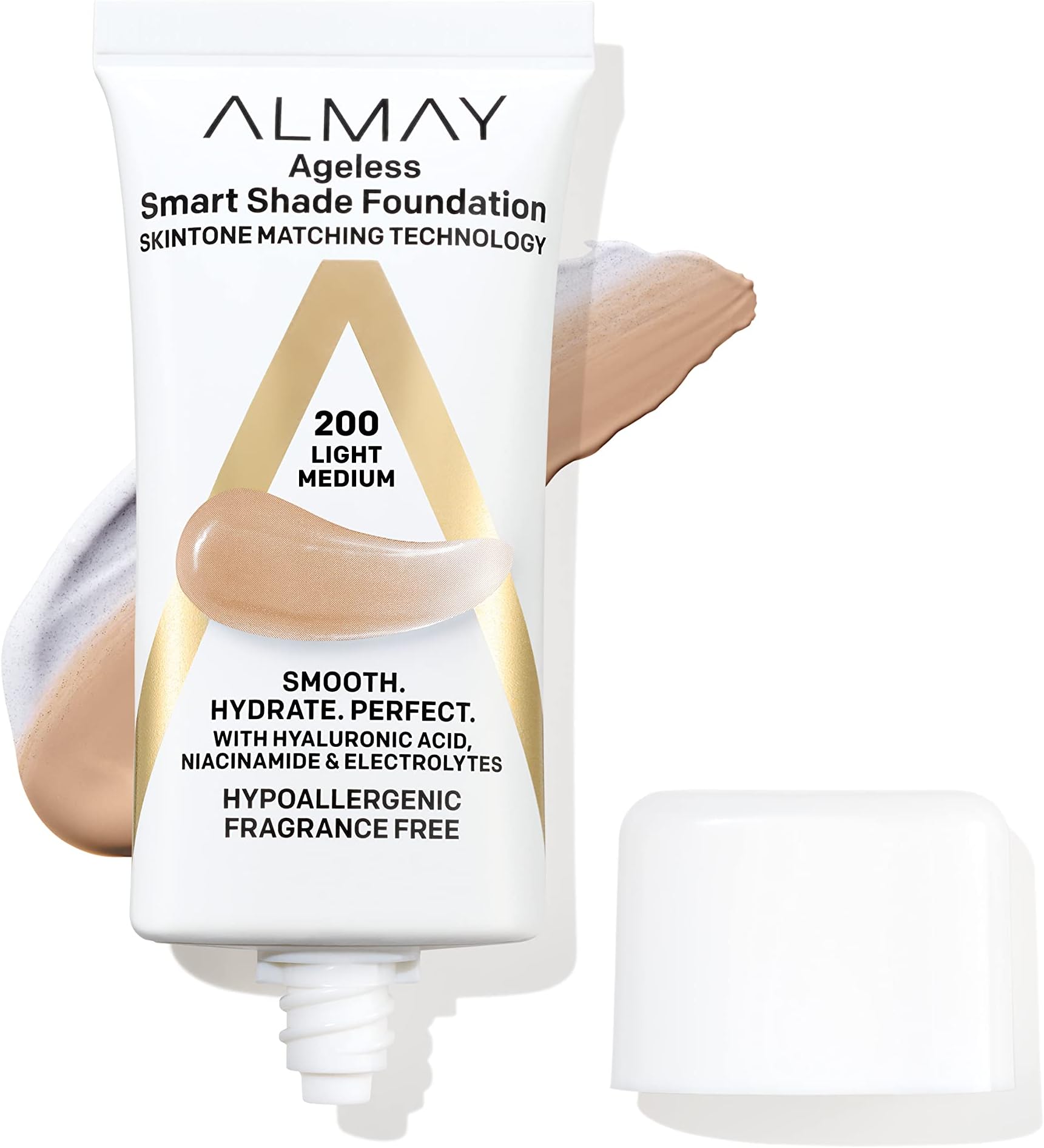 Almay Anti-Aging Foundation by, Smart Shade Face Makeup with Hyaluronic Acid, Niacinamide, Vitamin C & E, Hypoallergenic-Fragrance Free, 200 Light Medium, 1 Fl Oz (Pack of 1)