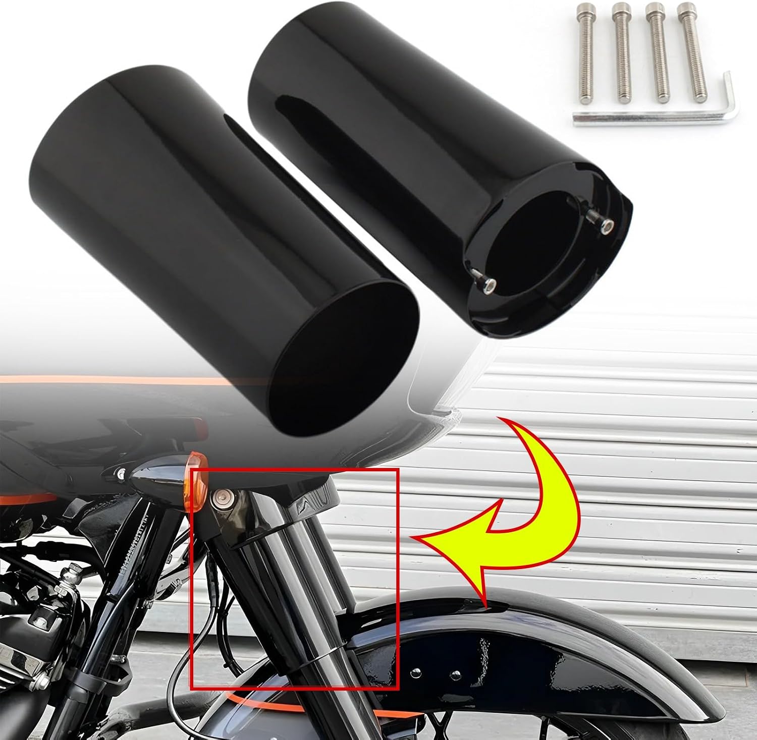 ‌Motorcycle Black Front Upper Fork Slider Covers Fork Boot Slider Protective Shells Compatible with Harley Street Glide Road King Fat Boy 2014+