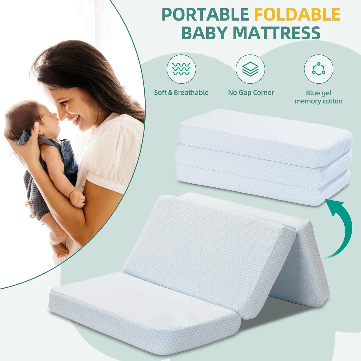 Trifold Pack and Play Mattress,38"x26" Double-Layer Memory Foam Pack N Play Mattresses,Portable Mattress for Pack N Play with Carry Bag Plush Removable Cover