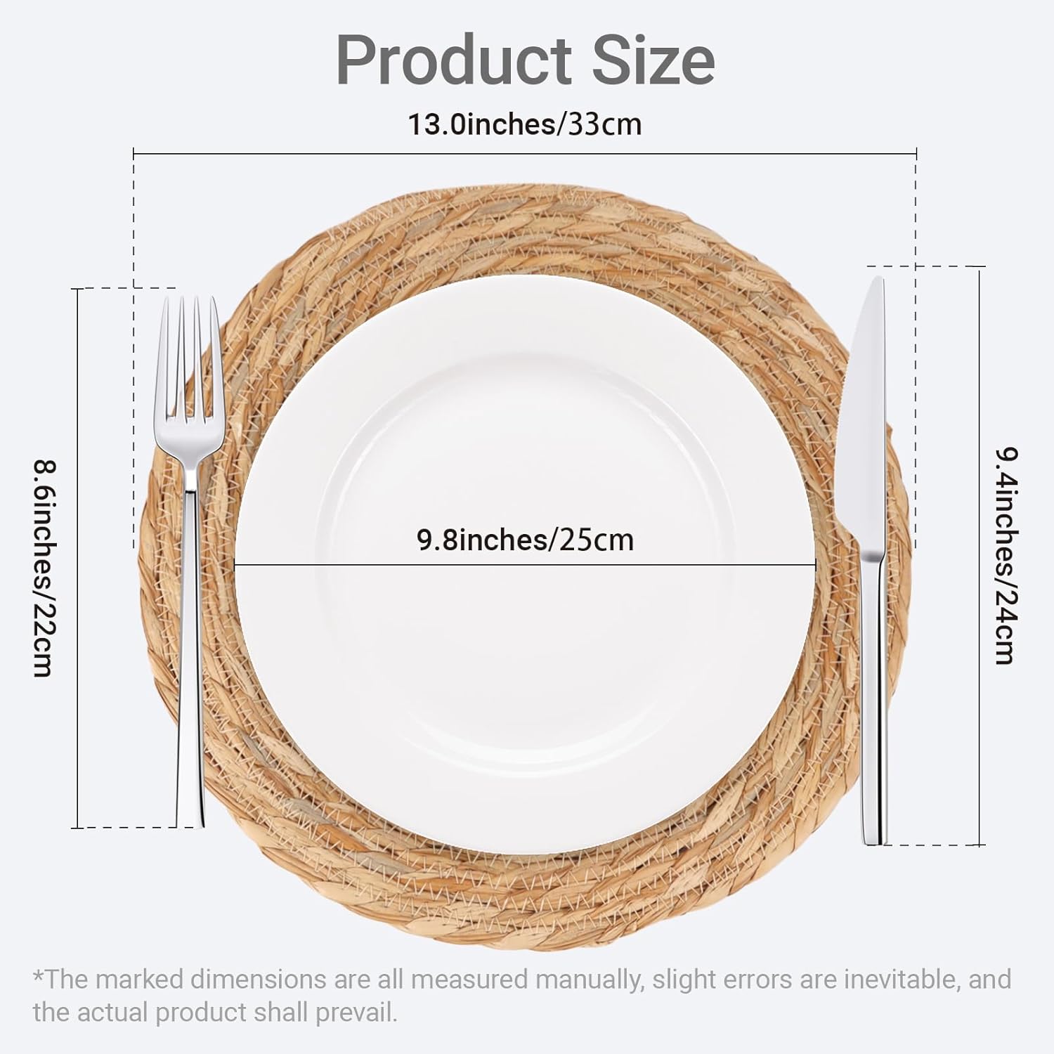 Round Woven Placemats Set of 10-13 Inch Natural Water Hyacinth Place Mats for Dining Table, Boho Farmhouse Kitchen Table Decor, Rustic Braided Table Mats for Daily Use & Holiday Table Setting