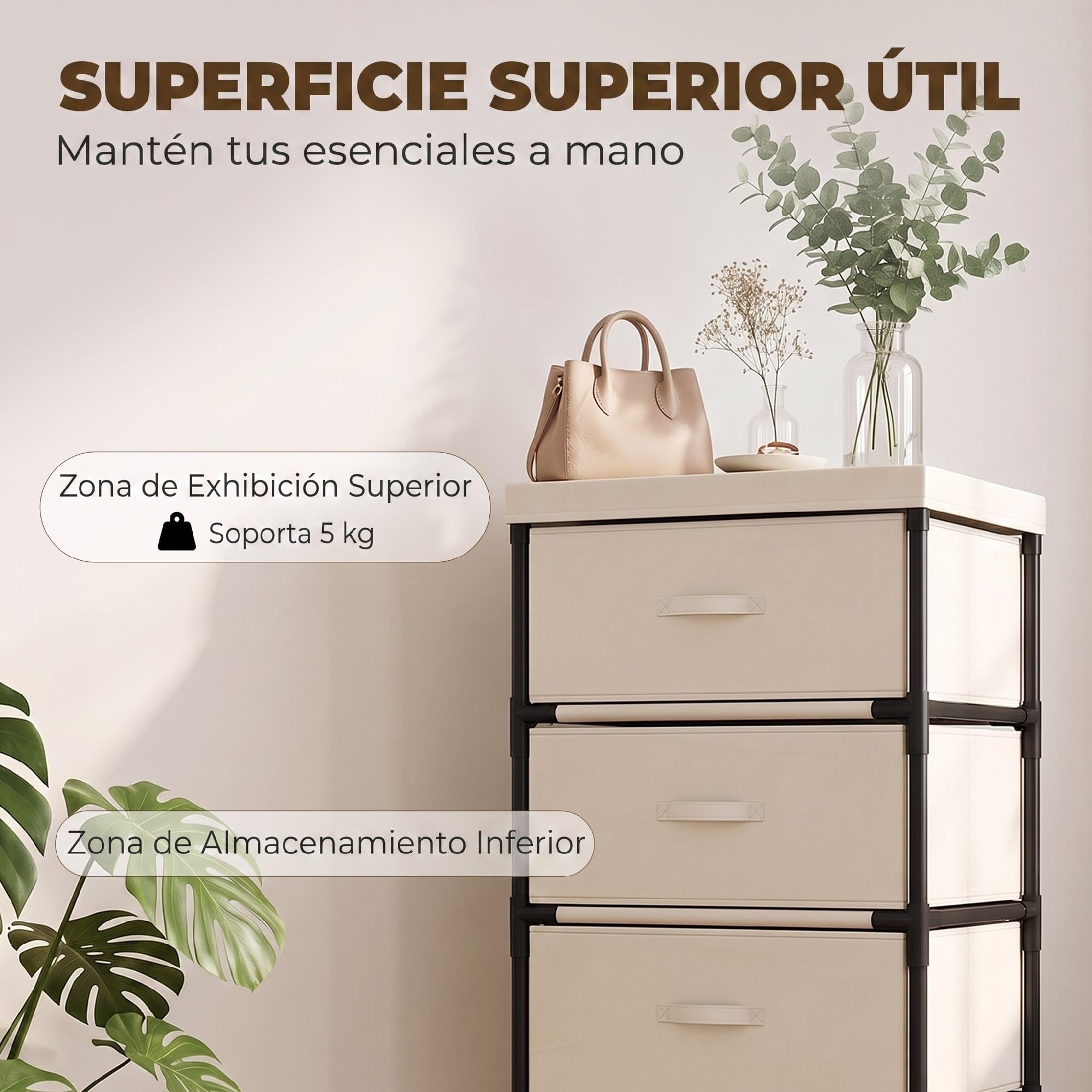 HOMCOM Cassettiera con 5 Cassetti, Mobiletto in Tessuto con Struttura in Acciaio, Montaggio Rapido, per Camera e Soggiorno, Beige e Nero