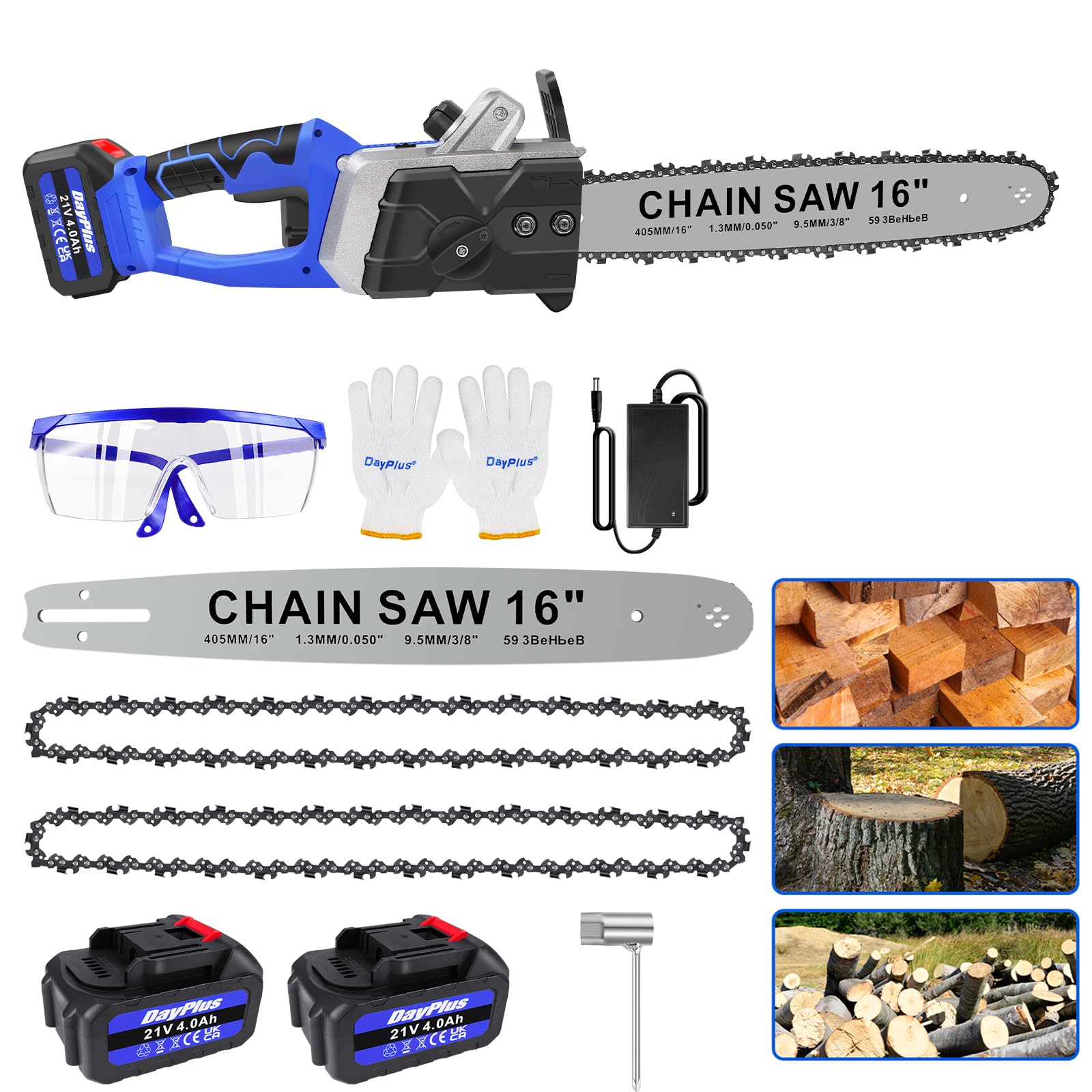 16 Inch Cordless Electric Chainsaw with 2 * 4.0Ah Batteries and 2 Chains, 1200W Powerful Electric Chain Saw for Garden Trees Pruning Wood Cutting Sawing, Auto Chain Lubrication, 13m/s Chain Speed