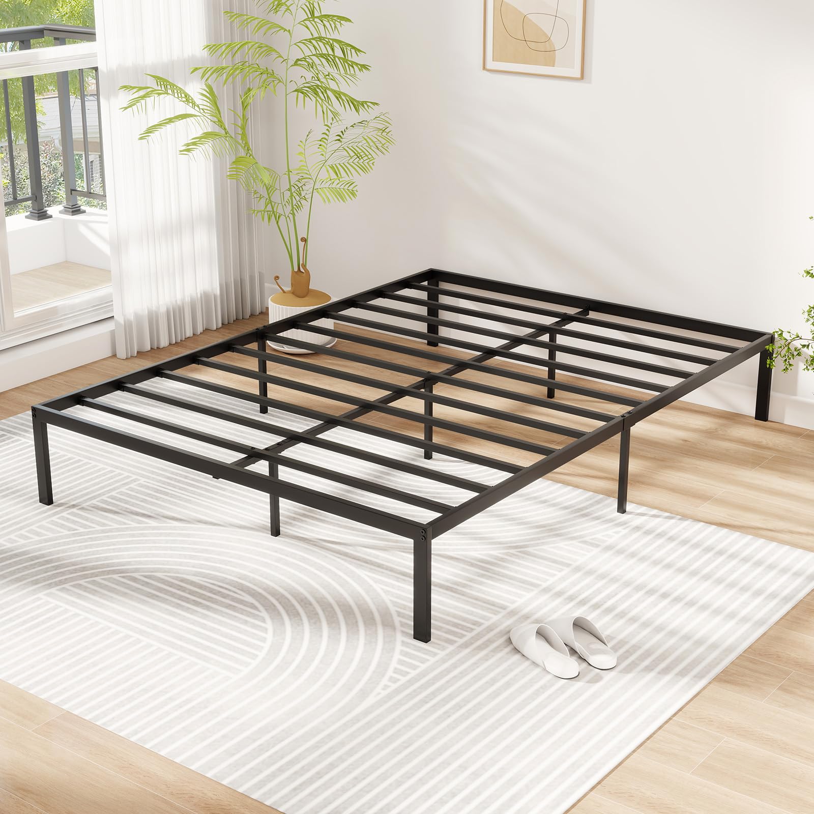 GIANTEX Rama łóżka 140 x 200 cm, metalowe łóżko platformowe ze stelażem z blachy i 9 nogami podpierającymi, miejscem do przechowywania, łatwy montaż, czarna