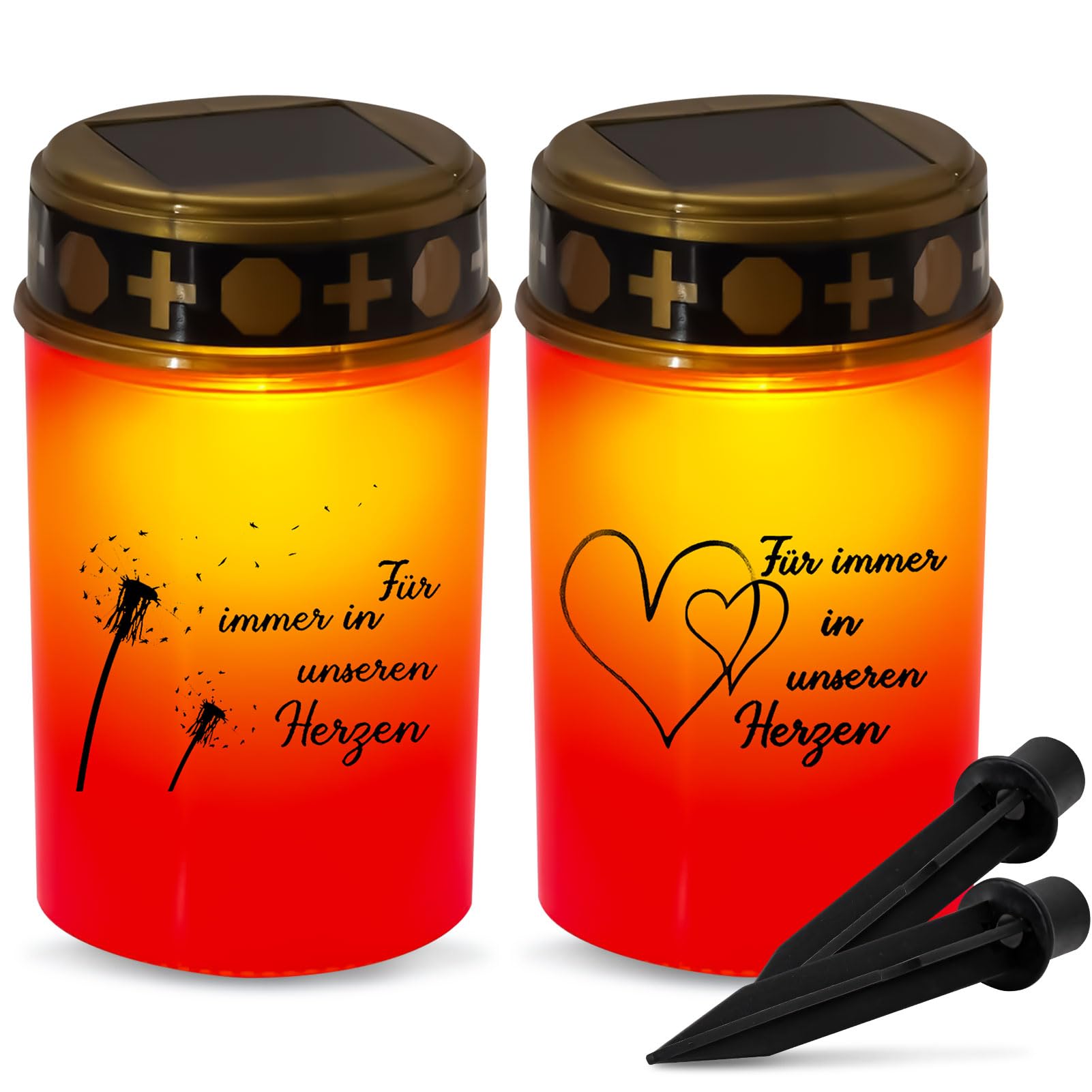 2er Pack Grablaterne Solar, Led Grablicht Mit Dämmerungssensor Und Erdspieß, IP44 Grablicht Solar Wetterfest, Led Grablichter Für Draußen, Grableuchte Für Den Außenbereich, Friedhofskerze (Rot-A)