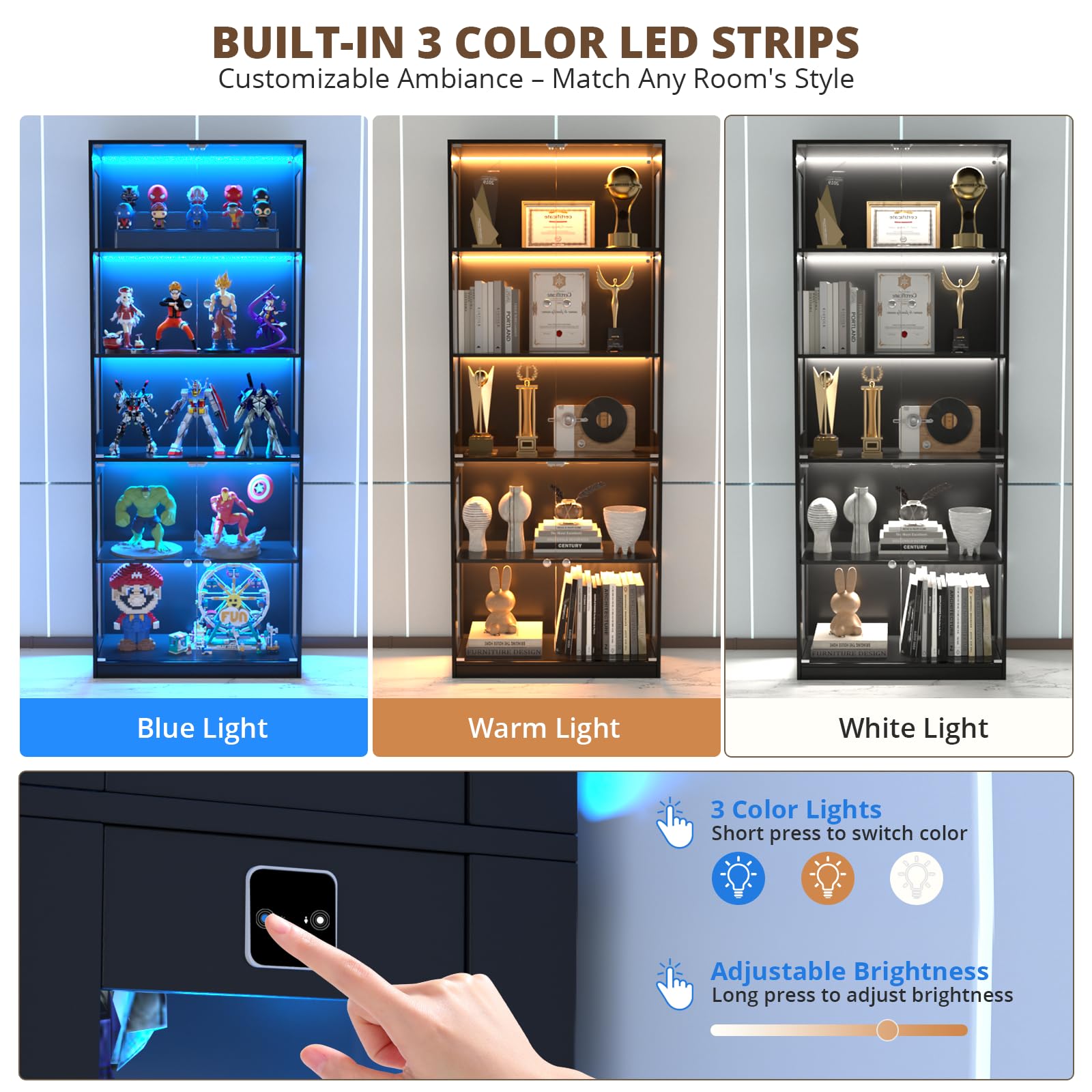 VOWNER 5-Lagen LED Vitrine mit Glastür, Vitrinenschrank mit 3-farbige Beleuchtung Bewegungssensor, Glasvitrine für Sammlerstücke, Bücherregal für Wohnzimmer, Schlafzimmer (Schwarz, 5 Einlegeböden)