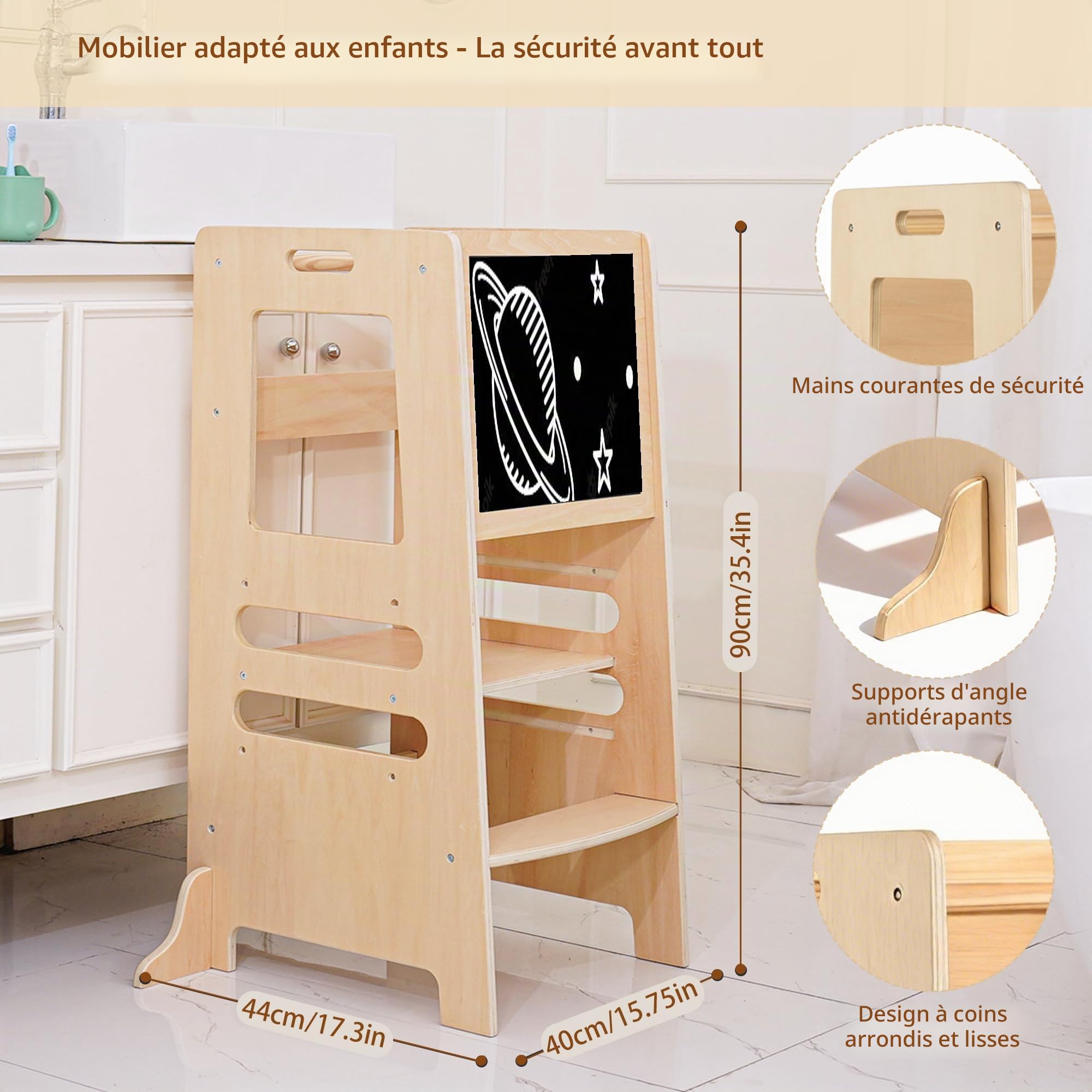 Tour d'Observation Montessori en Bois pour Enfants, Tabouret d'apprentissage Réglable en Hauteur pour 1–5 Ans, Aide de Cuisine avec Barrière de Sécurité pour Cuisine et Salle de Bain