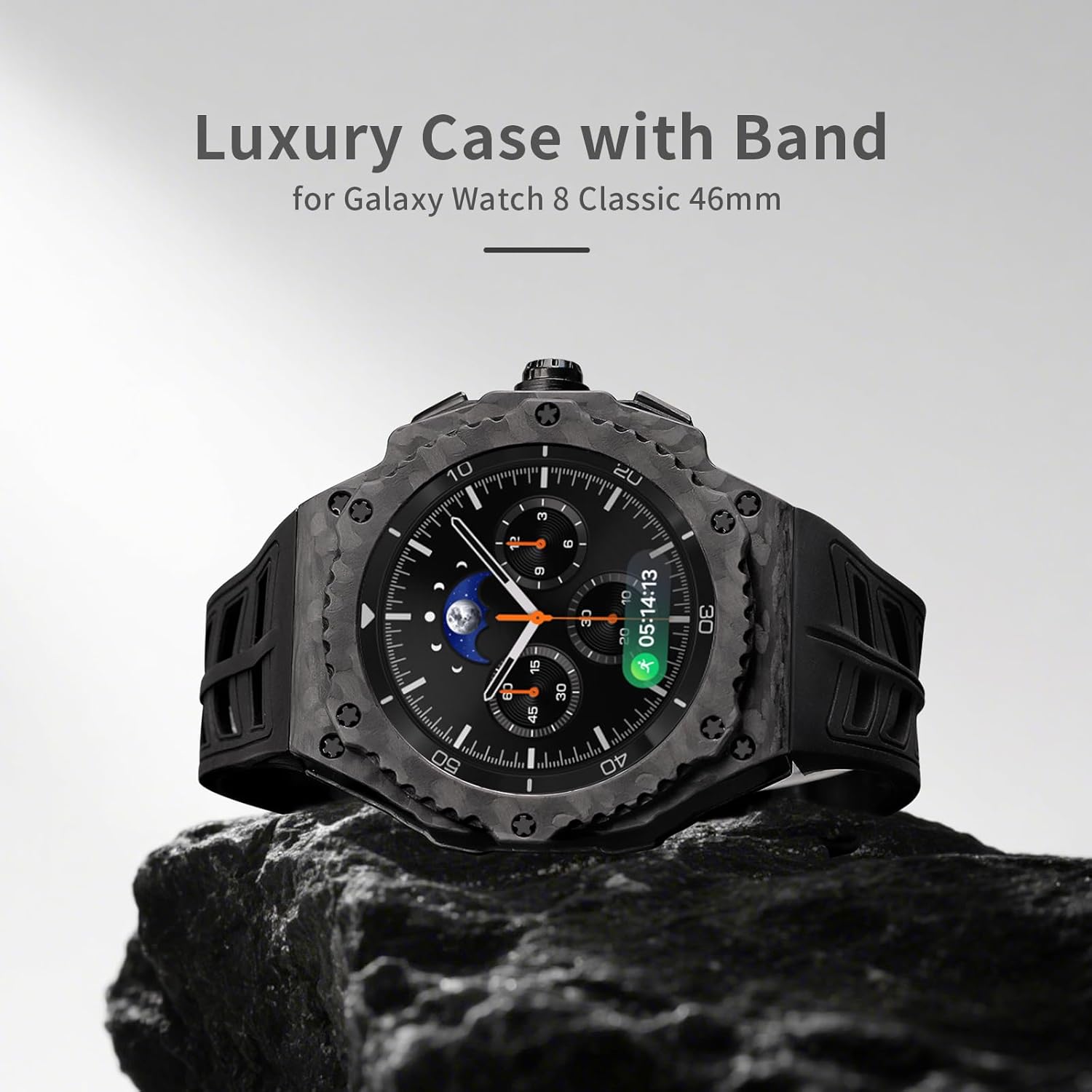 Carbon Fiber Case with FKM Band for Samsung Galaxy Watch 8 Classic 46mm, Luxury Face Cover with Rotatable Bezel and Tactical Strap Heavy Duty Protection for Men