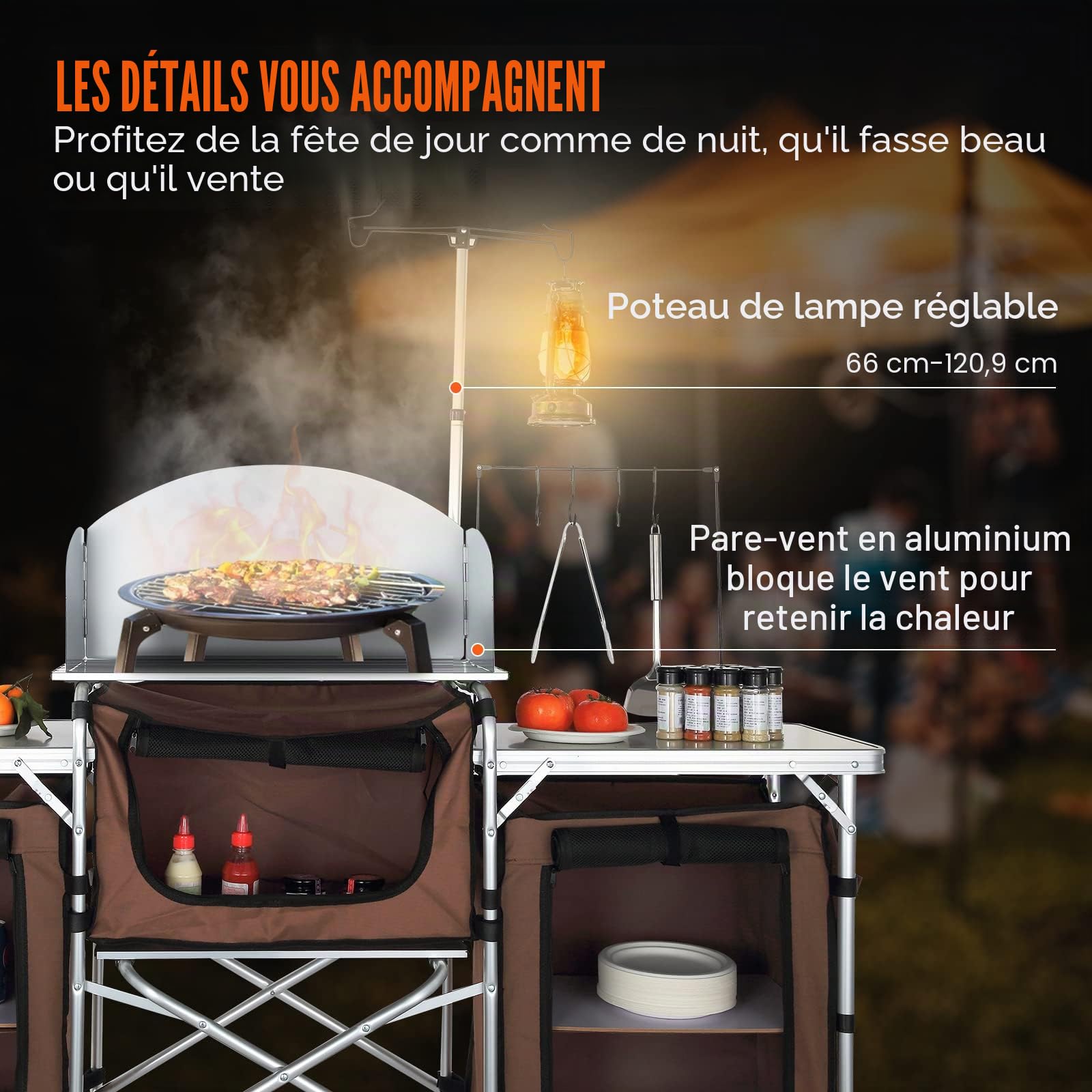 VEVOR Cuisine de Camping 174x176x46 cm Armoire de Camping Pliable Structure en Alu Grand Comptoir Meuble de Cuisine avec Pare-Brise 5 Compartiments avec Sac de Transport pour BBQ Pique-Nique Jardin