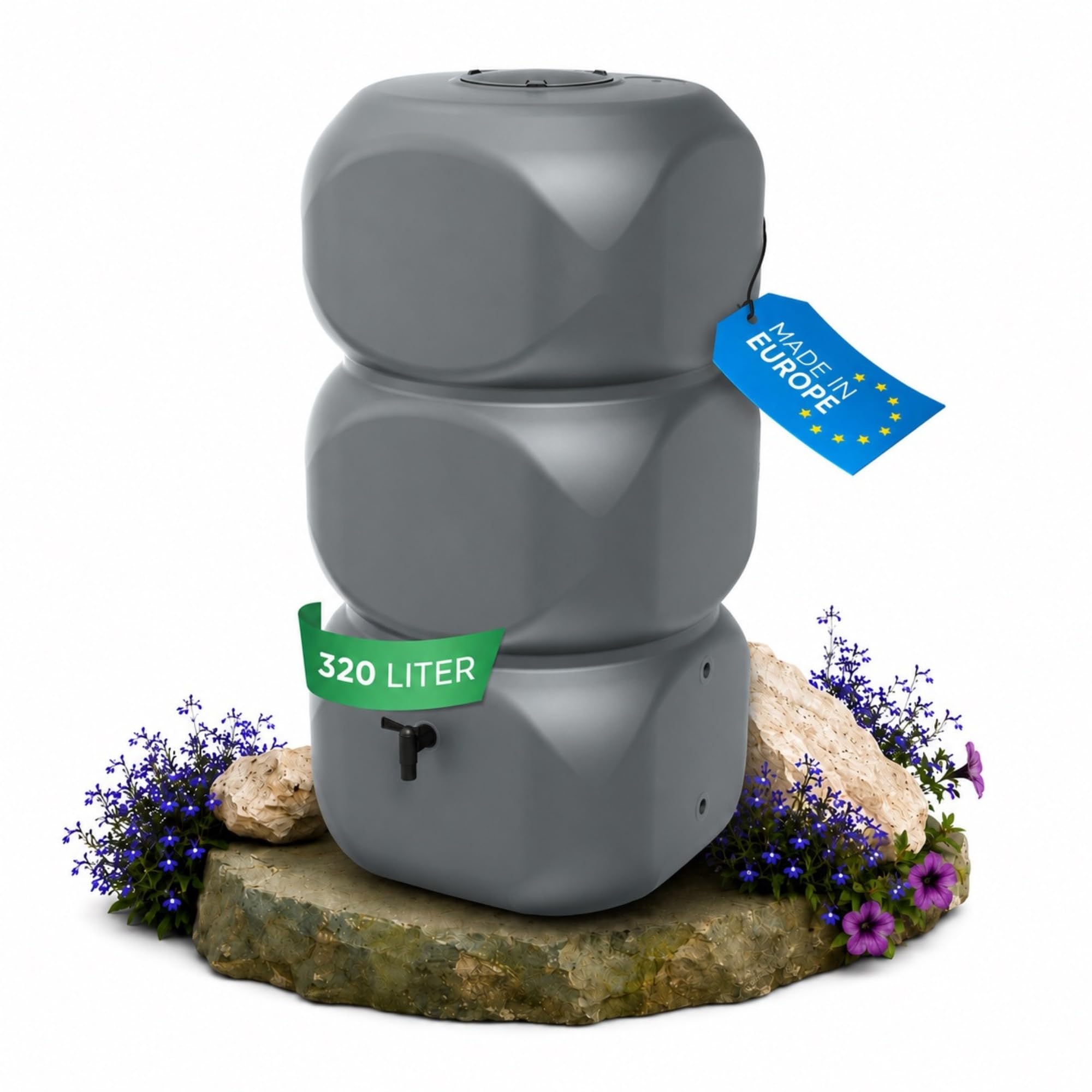 YourCasa Tanque de lluvia de 320 litros [Aquablock] incluye conector para bajante, grifo y tapa, barril de agua de forma cuadrada, a prueba de heladas, depósito de agua de lluvia, para jardín (gris)
