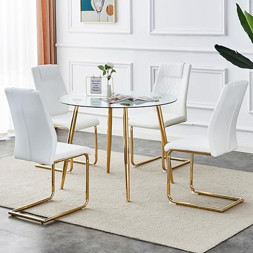 Miniatura 2 de Juego de mesa y silla, mesa de comedor circular, mesa de vidrio con un diámetro de 40 pulgadas y patas de metal chapado en oro, combinado con 4