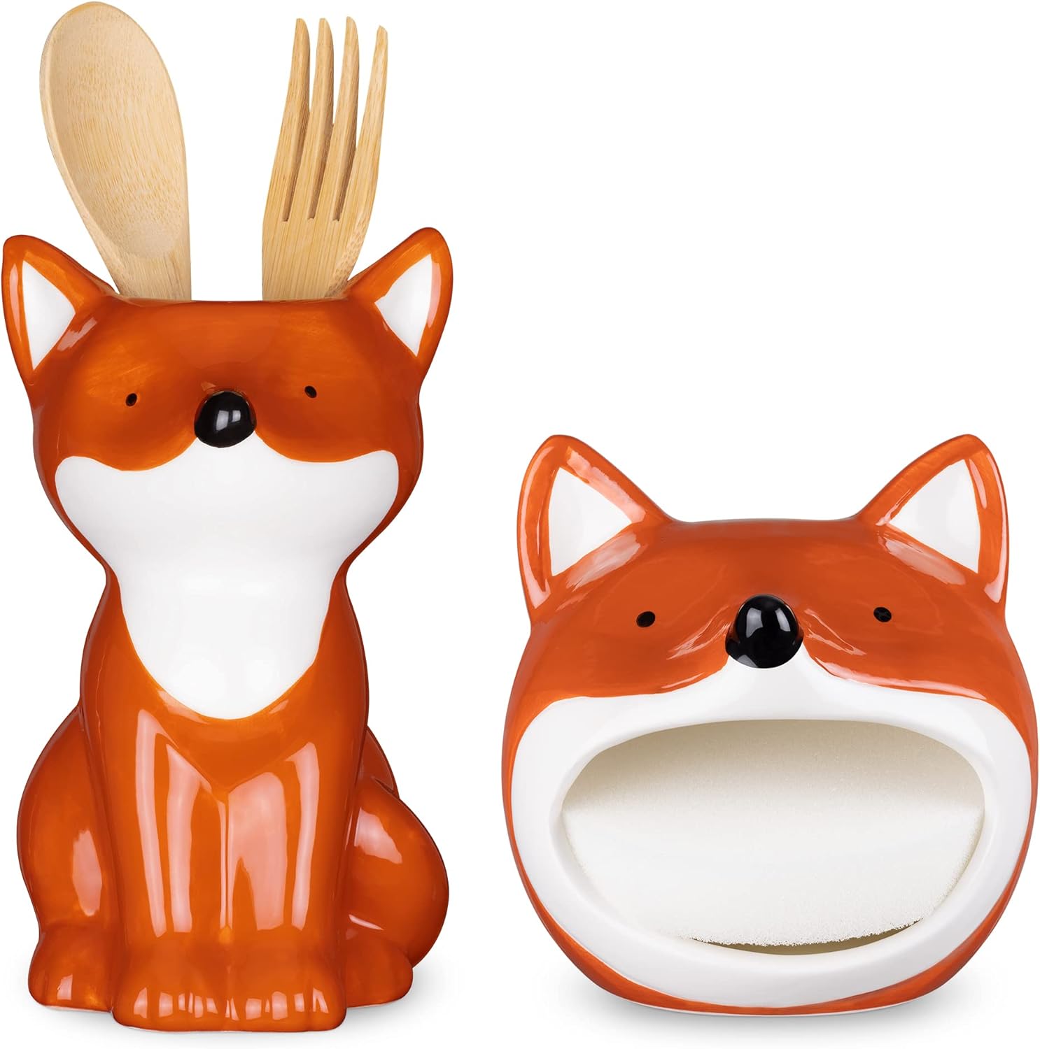 Navaris Fox Ceramic Sponge Holder and Utensil Holder Set