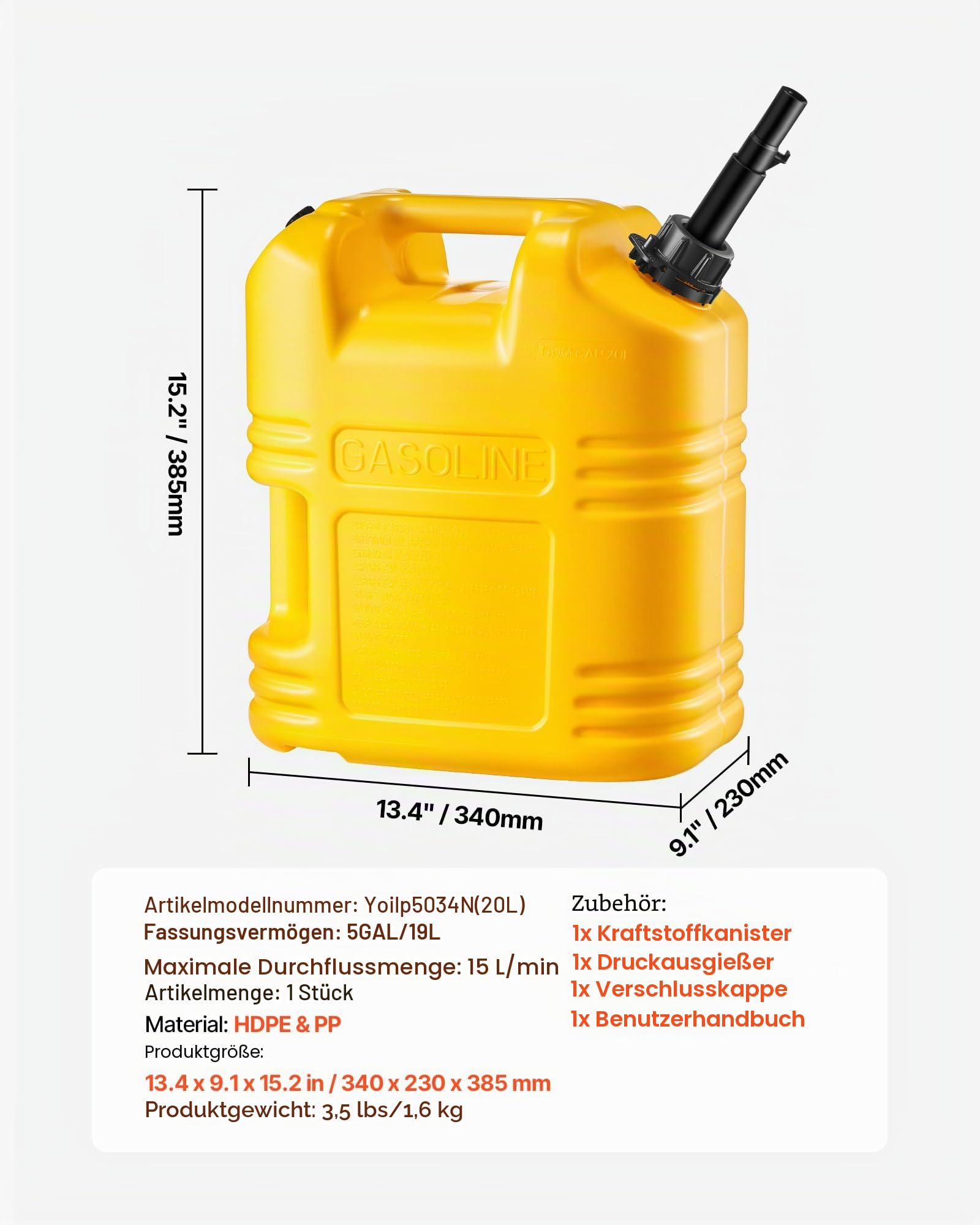VEVOR Kraftstoffkanister, 19 L, Benzintank mit Ausguss & klarer Skala, max. Durchflussrate 15 L/min, Flüssigkeitsbehälter für die meisten Autos, Motorräder, SUVs, ATVs und UTVs, gelb, 1 Stk.