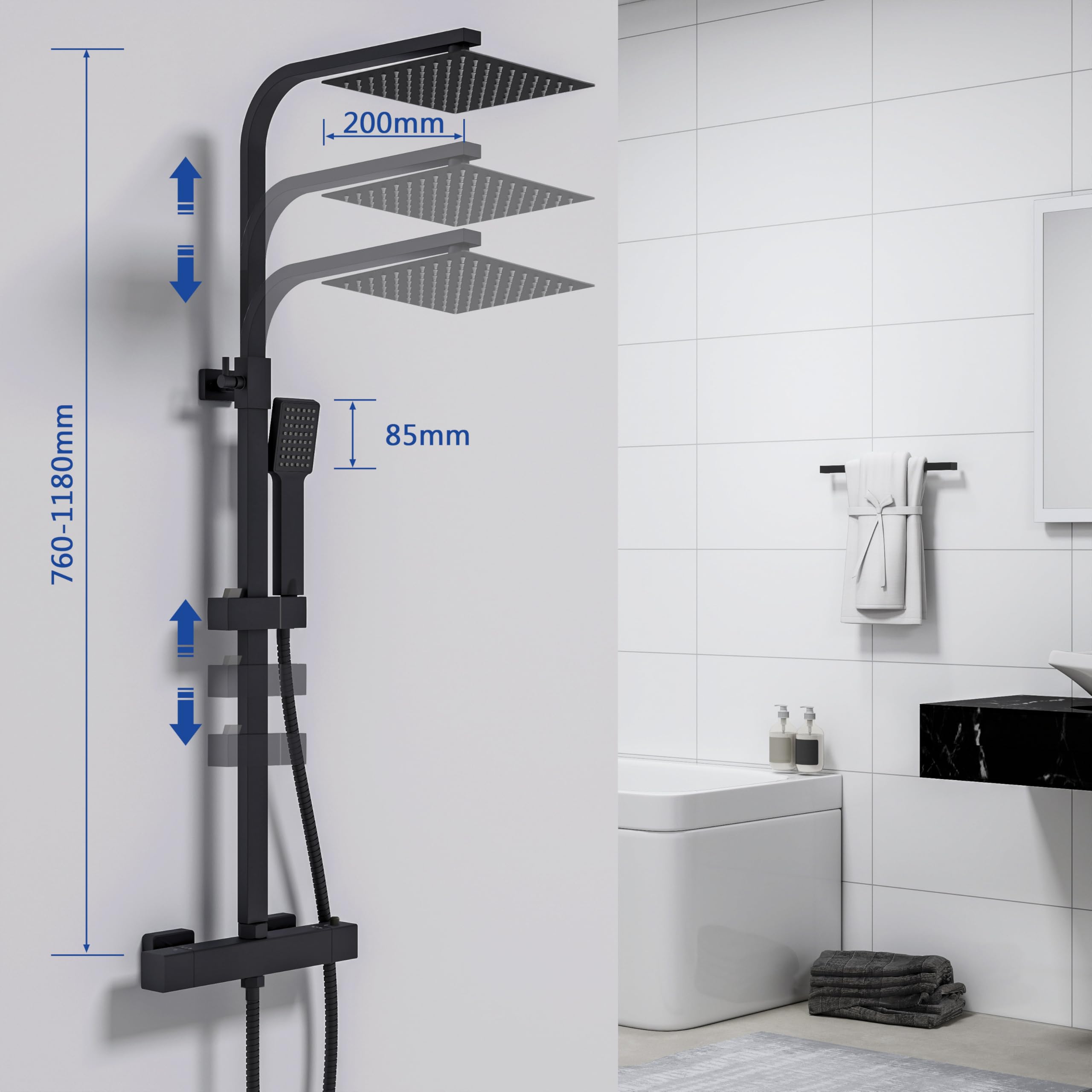 Colonne de Douche Thermostatique,Système de douche thermostatique 38°C,Colonne de Douche Acier Inoxydable avec Mitigeur Salle de Bain,20x20CM Pommeau de Douche,Carré,Mitigeur Douche Noir