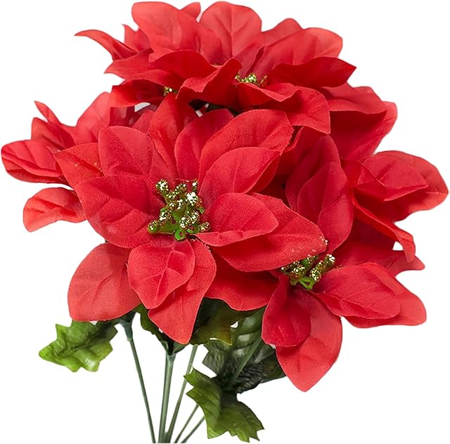RNSUNH 4Pcs Artificial Poinsettia Bouquet 7 Heads Artificial Poinsettia Bush Flowers Silk Fabric Poinsettia Bushes Plants for Xmas Home Ornament, Red, 35cm