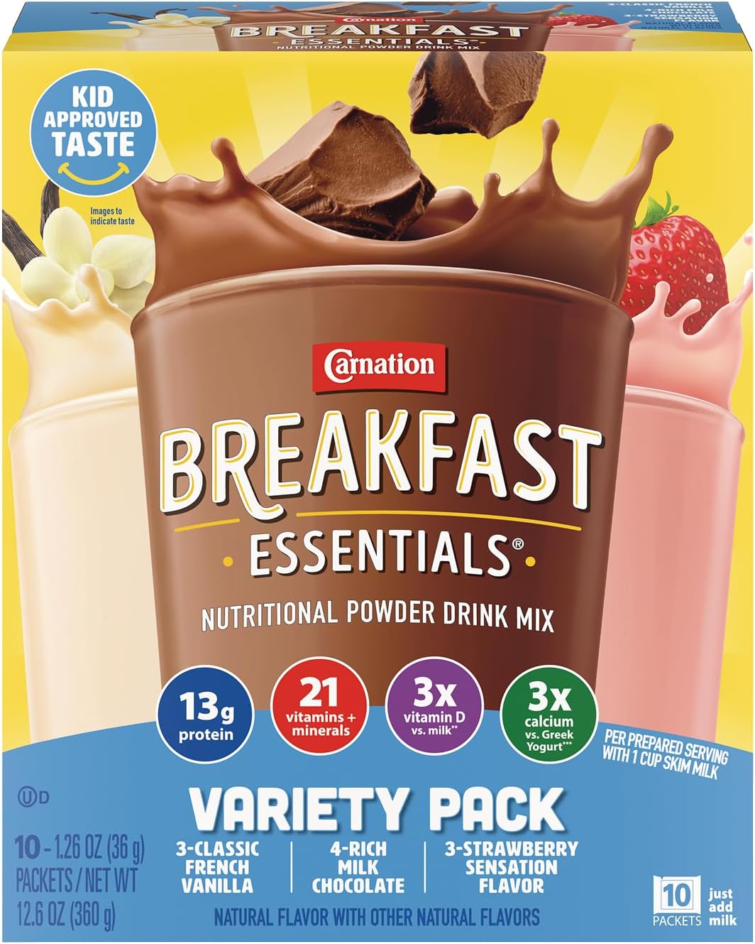 Nestle Carnation Breakfast Essentials Complete Nutritional Drink Rich Milk Chocolate/Classic French Vanilla/Strawberry Sensation Flavor 60 Ct