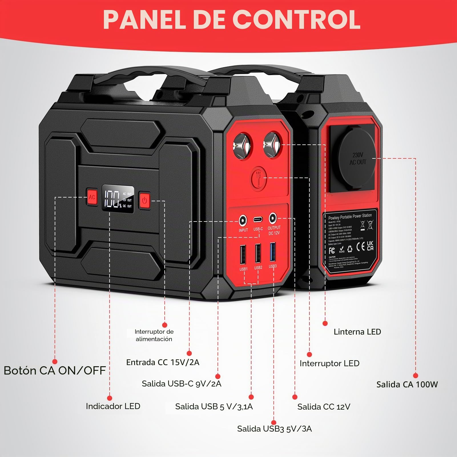 Powkey Estación de energía portátil 99 Wh/27000 mAh, 100 W, generador solar con salida de 230 V CA, QC 3.0, 18 W, USB/tipo C, para camping, autocaravanas con enchufe