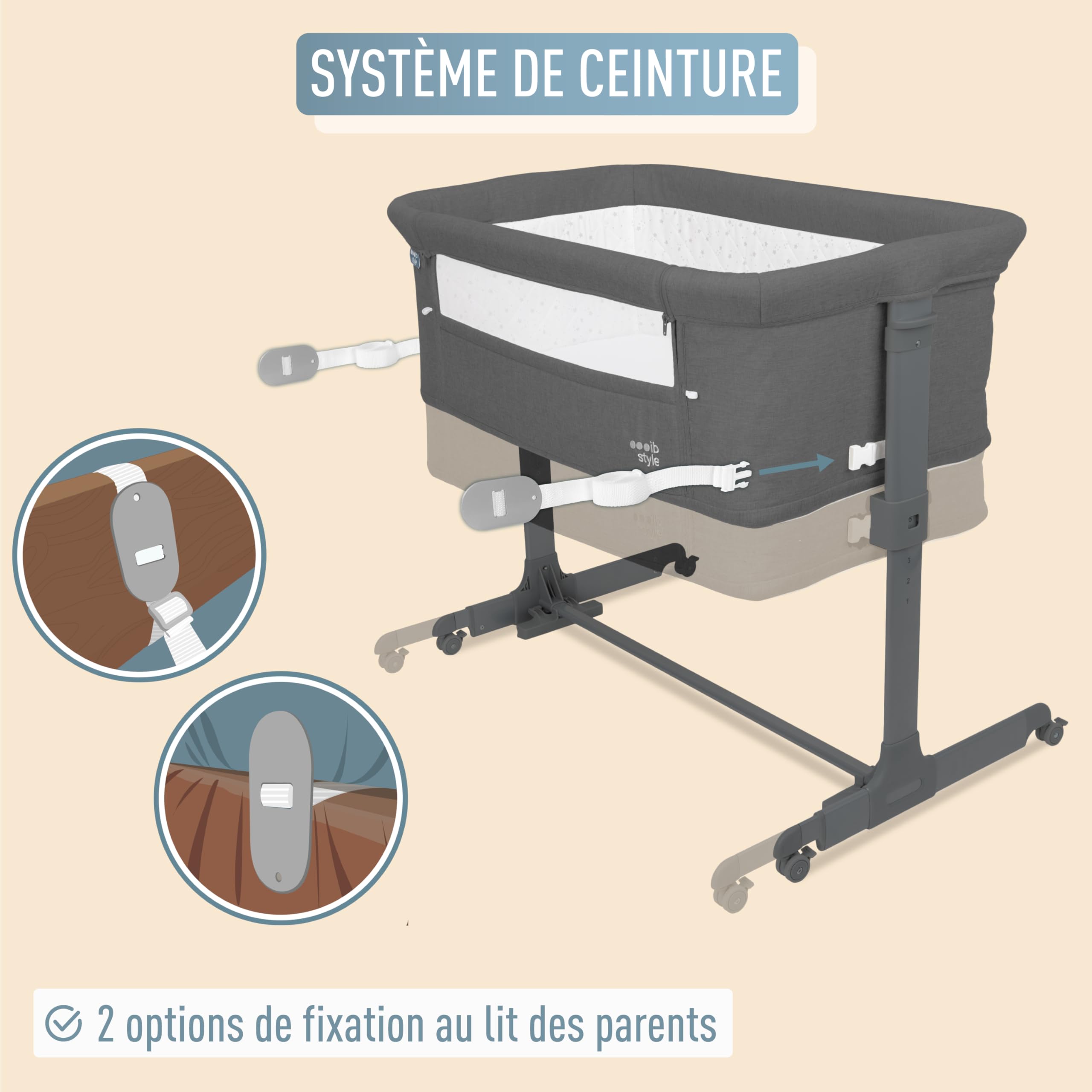 IB-Style Aluna 3-en-1 Berceau co-Dodo, lit de bébé, lit d'appoint, Matelas Moelleux, réglable en Hauteur sur 5 Niveaux, lit de Voyage avec Sac, Fonction balancelle, moustiquaire - Gris foncé