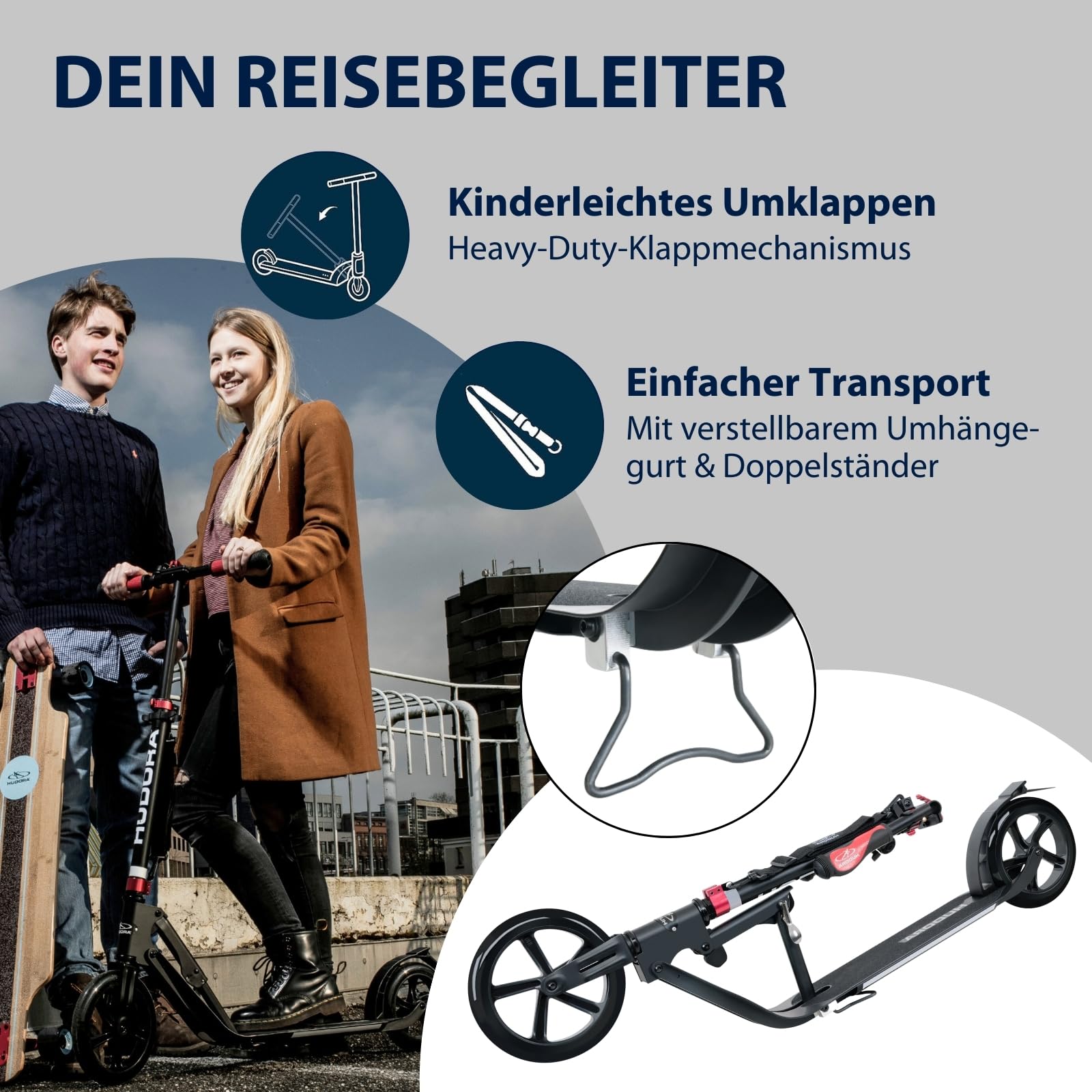 HUDORA BigWheel Style 230 Scooter - Stabiler Aluminium-Roller mit großer Trittfläche - Höhenverstellbarer & zusammenklappbarer Cityroller für bis zu 120kg - Tretroller für Jugendliche & Erwachsene