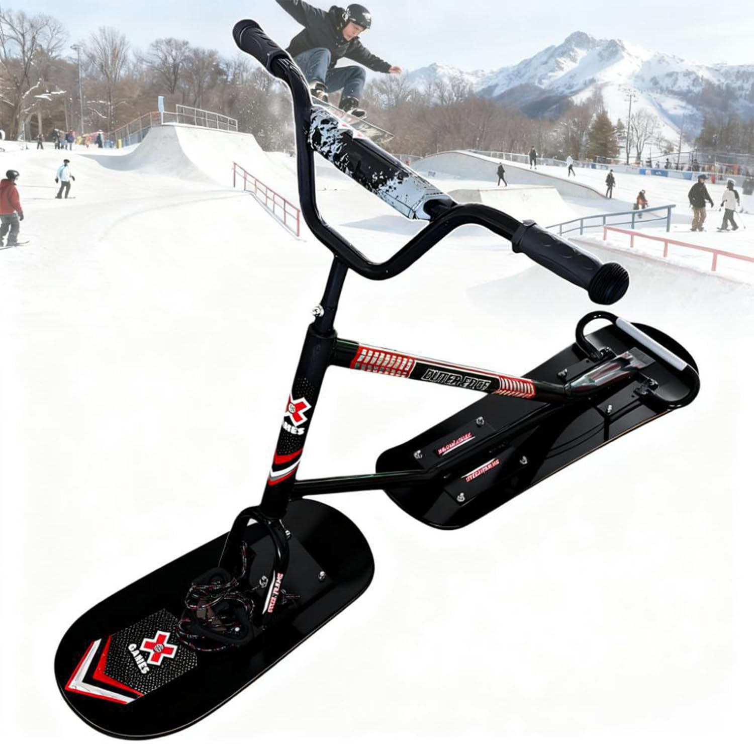 Dual-Board Sleds, Snow Boards for Adults, With 360° Rear Spin Ski, Triple Reinforcement Design, 150kg Load Capacity, All-Terrain Ski Bike, For Off-Road, Snow Parks, And Groomed Trails Black