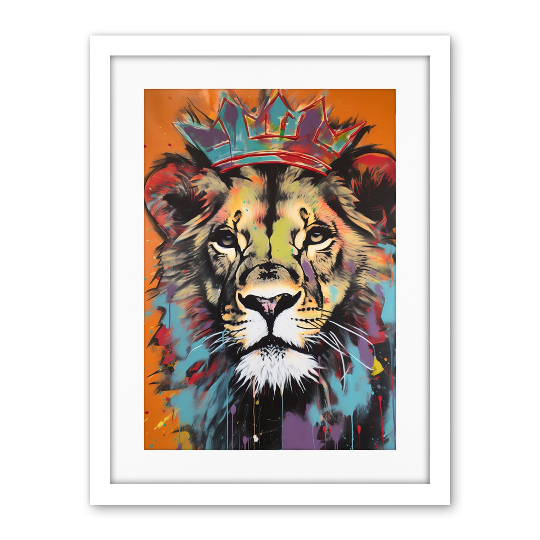 Artery8 Lion Wearing Crown Jungle King Animal Portrait Artwork Framed Wall Art Print 18X24 Inch