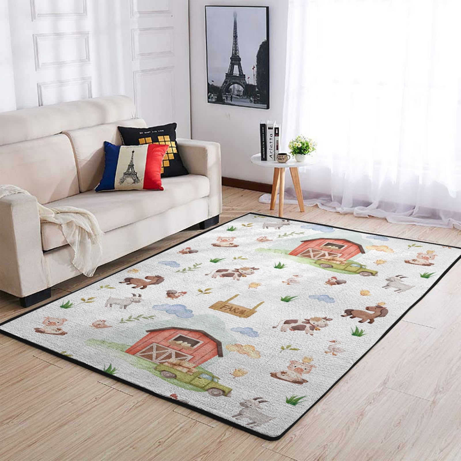 Watercolor Farm Area Rugs Baby Toddler Nursery Bedroom Decor Throw Carpets Farm Animals Pig Goat Horse Cow Chick Rooster Duck Leaves Barn Truck Floor