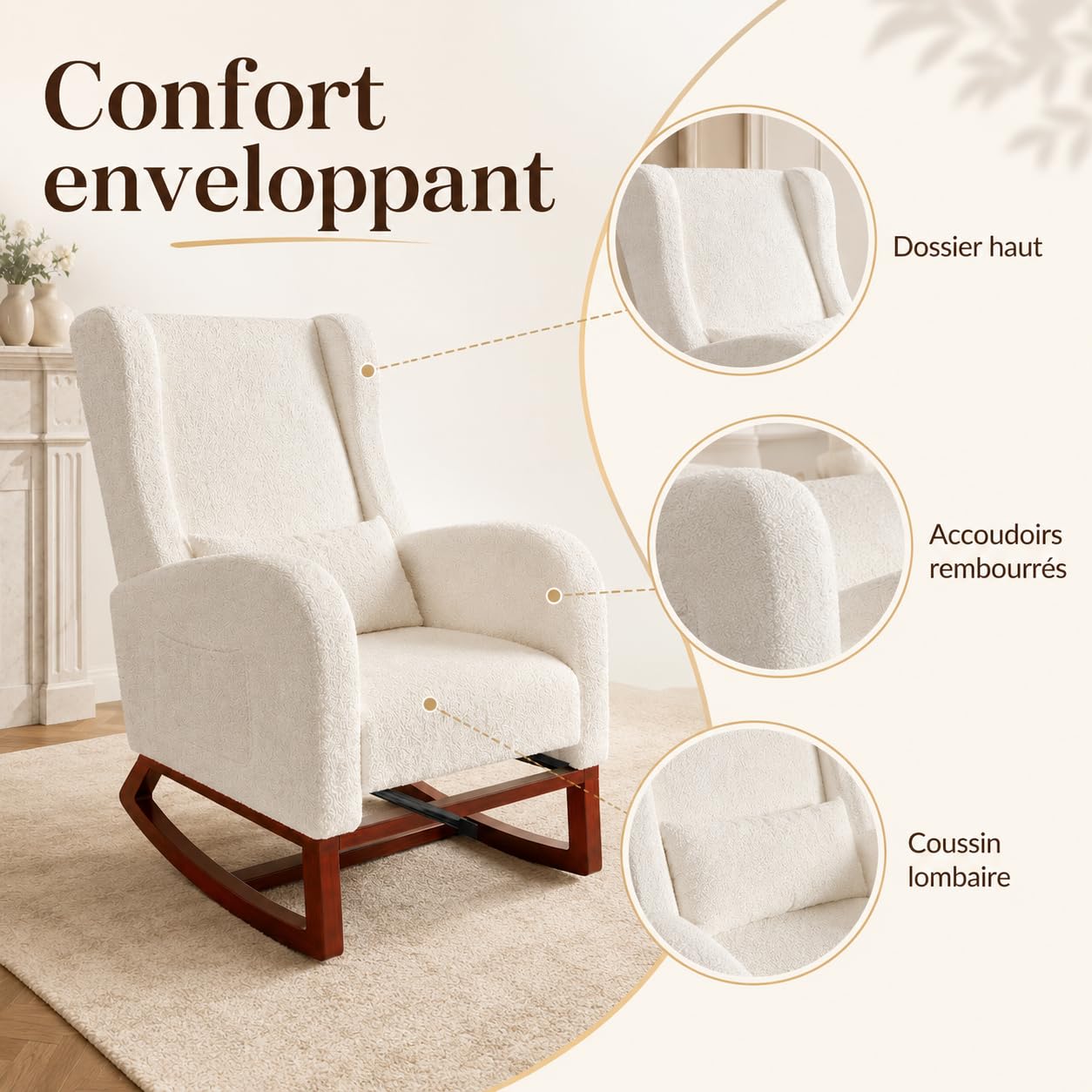 Fauteuil à Bascule avec Repose-Pieds, Chaise à Bascule Fauteuil Relax a BascuLes Coussin Lombaire Rocking Chair avec Poche Latérale et Accoudoirs Chaise Bascules Chambre (Sherpa, Blanc cassé)