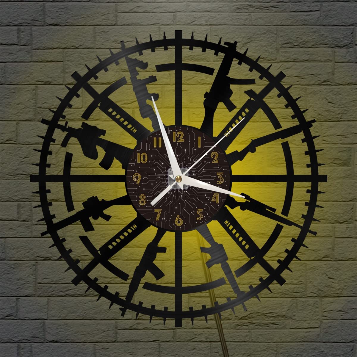 YH Weapon Firearms Gun Vinyl Wall Clock, Vinyl Record Clock Wall Art Silent & Non-ticking(12 inchs C with LED)