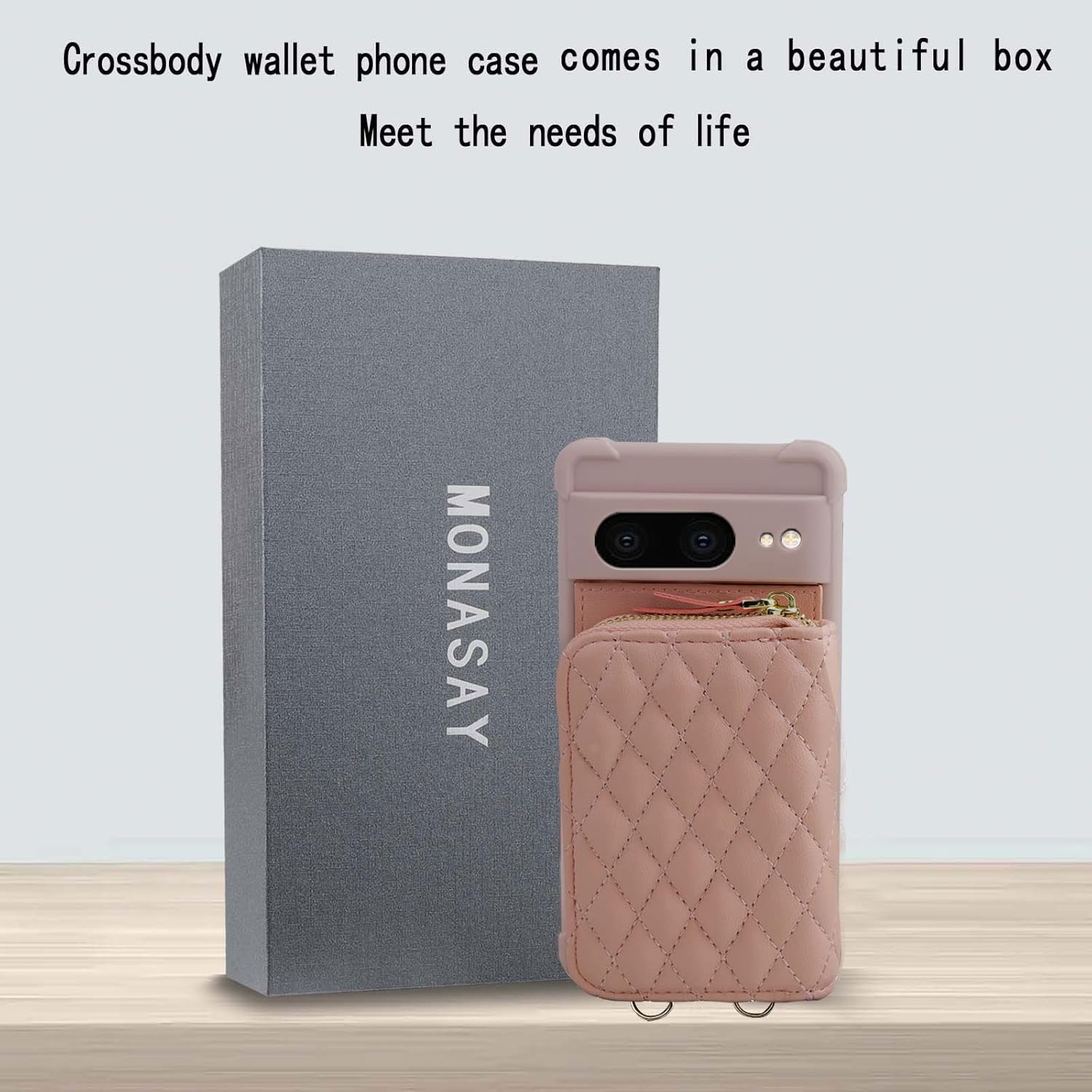 MONASAY Zipper Wallet Case Fit for Google Pixel 7, [Glass Screen Protector ][RFID Blocking] Flip Leather Handbag Phone Cover with Card Holder and Detachable Crossbody Shoulder Lanyard Strap, Rosegold