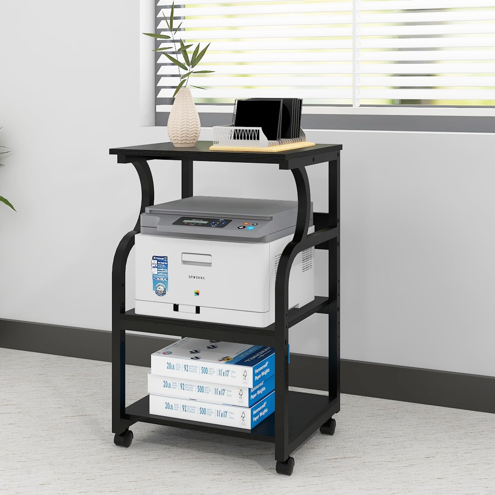 PUNCIA Grande supporto per stampante, 50 x 40 x 73 cm, con ripiano regolabile, carrello a 3 livelli con ruote per organizzazione di casa e ufficio, ripiani multifunzione per pressa a caldo, stampante