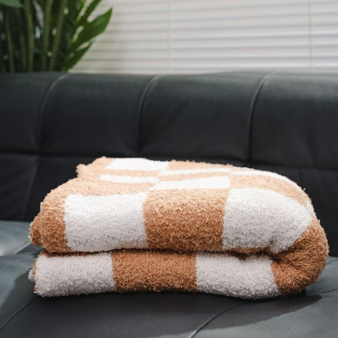 Soft Checkered Throw Blanket, Ultra Cozy Knit Yellow Throw Blanket Fluffy Fuzzy Reversible Checkerboard Blanket for Travel Couch Sofa Bed Decor, 51x63 inches, Khaki - Image 5