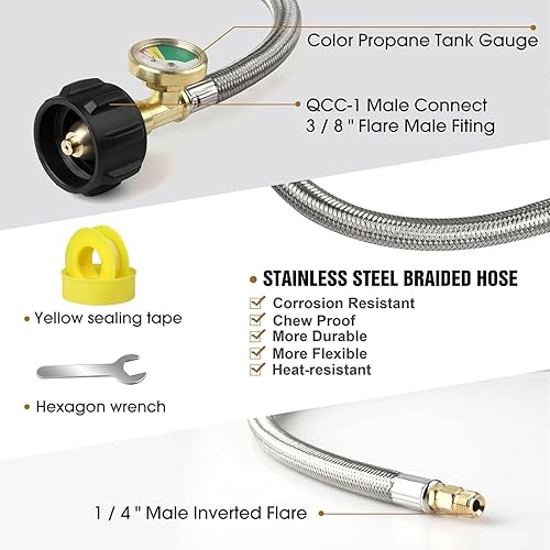 Miniatura 7 de Regulador de gas propano LP de cambio automático de 2 etapas con dos mangueras de propano de cola de RV de 18 pulgadas con manómetro, trenzado