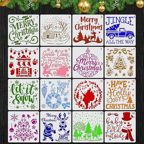 Plantillas navideñas para pintar madera, 16 unidades, 6 pulgadas, reutilizables, grandes, plantillas de Navidad para adornos, manualidades,