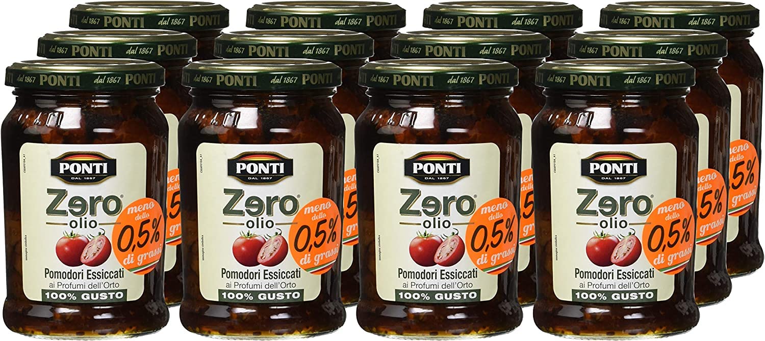 Ponti, Pomodori Secchi Zero Olio, Pomodorini Secchi Privi di Olio e Senza Grassi, Ideali come Aperitivo o Antipasto, Ottimi anche come Contorno, 100% Made in Italy, 12 Barattoli da 300 g