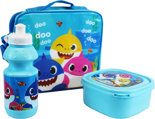 Just Character 3 Piece Lunch Bag with Sandwich Lunch Box and Water Bottle with Different Cartoon Characters (Baby Shark)