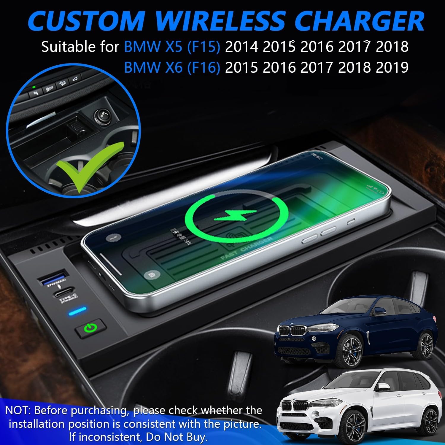 Wireless Charger for BMW X5/X6 2014-2018, 15W Wireless Fast Phone Charging Pad with 27W USB-A & Type-C, Fit for BMW X5/X5M 2014-2018 X6/X6M (F16) 2015-2019 Interior Accessories Upgrades
